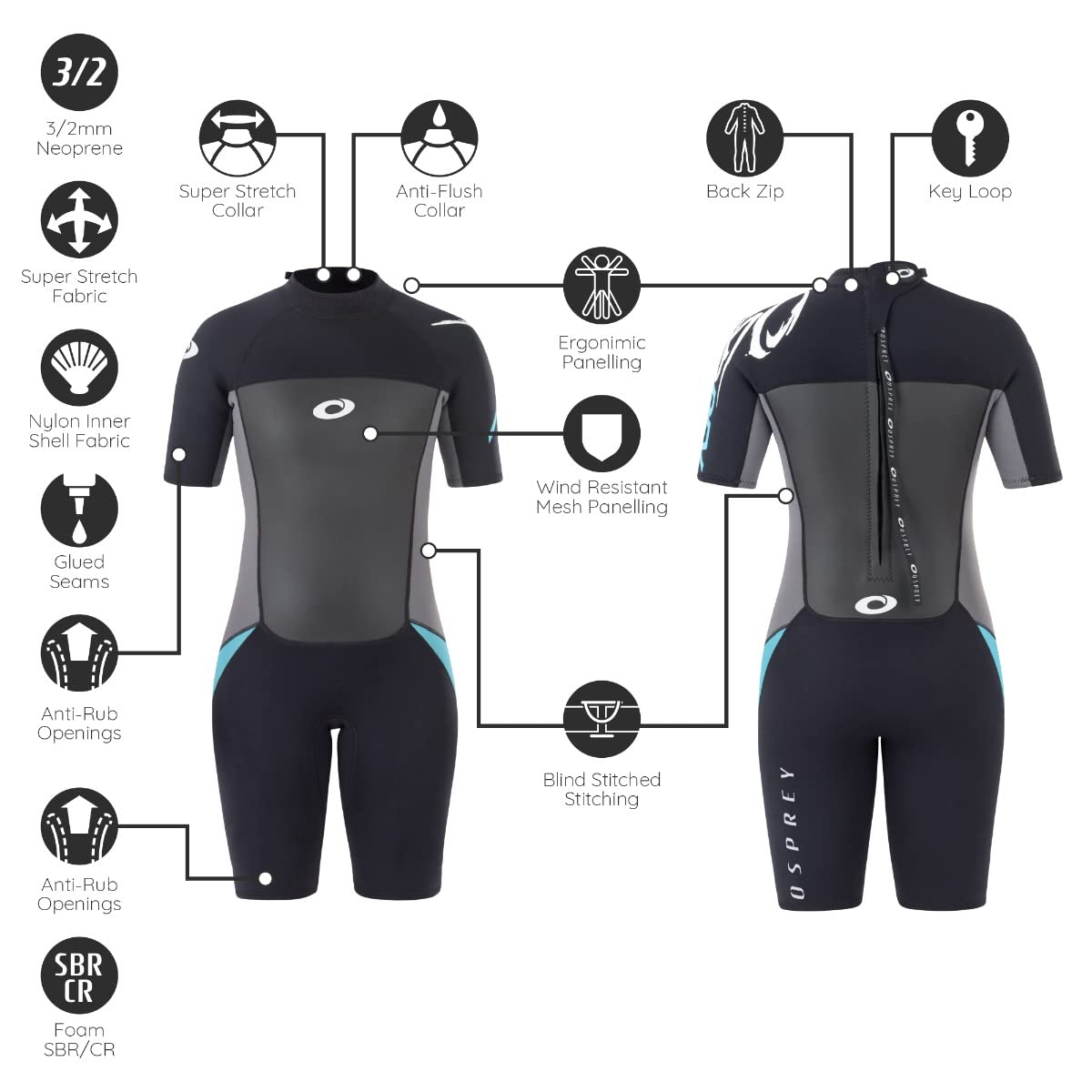 Osprey Women's Origin Shorty Wetsuit – 3/2mm Neoprene - Black/Blue
