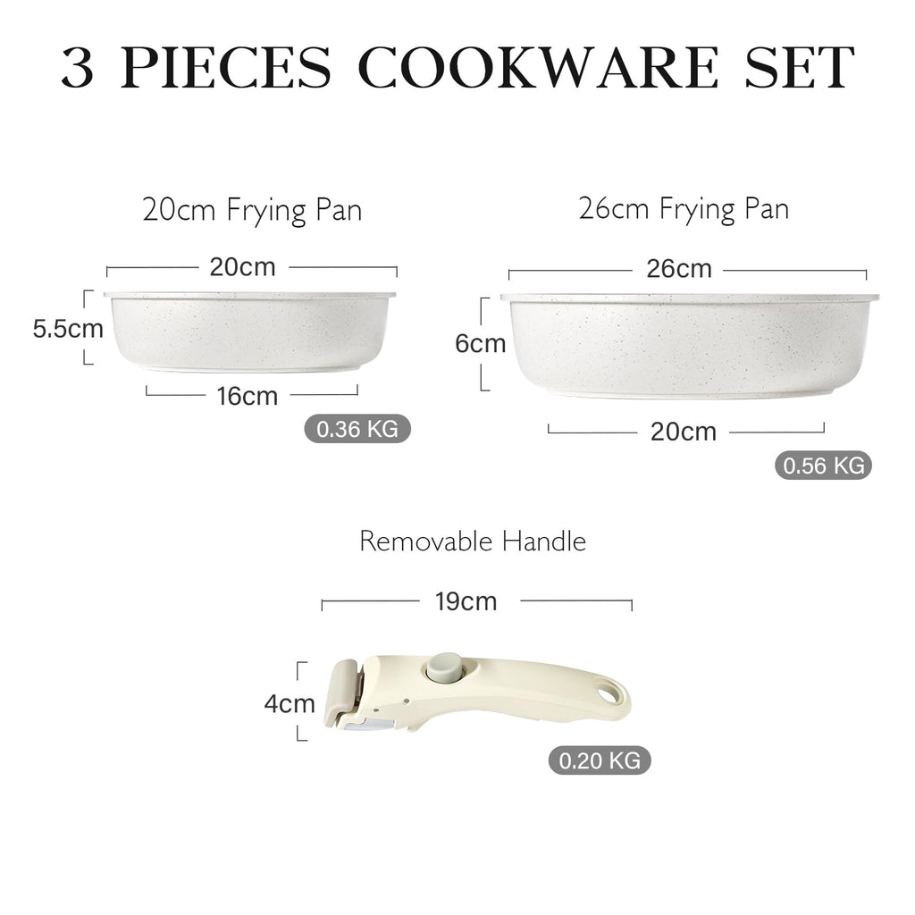 GiPP 3-Piece Nonstick Cookware Set with Detachable Handle | White