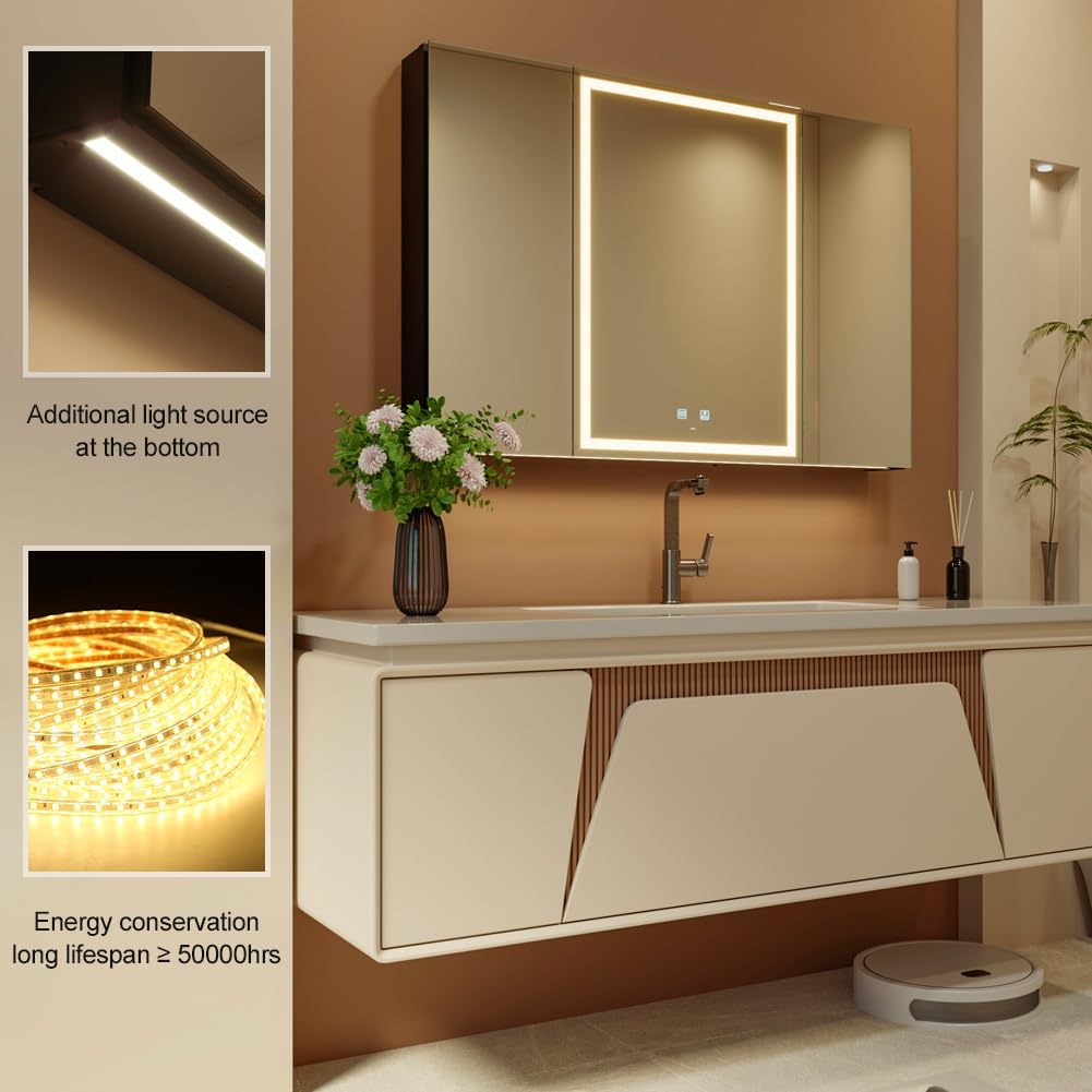 100 x 70 cm Three Doors Aluminum LED Bathroom Medicine Cabinet with Mirror - image 4