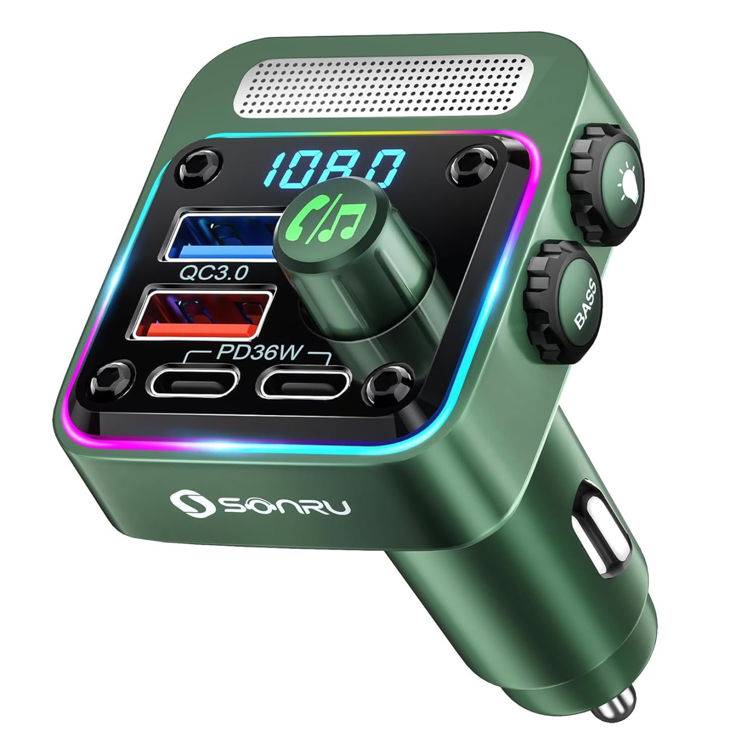 SONRU Bluetooth 5.3 Car FM Transmitter | PD 36W Fast Charger & Bass Player