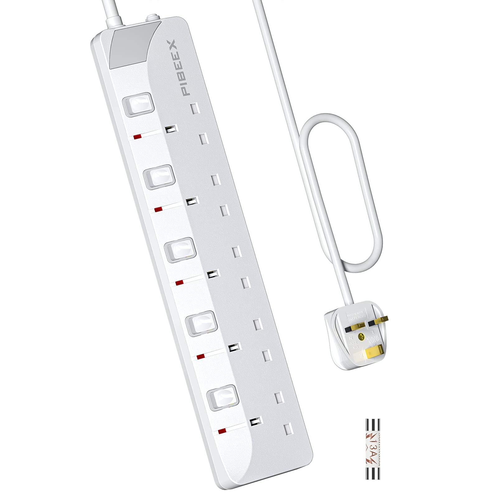PIBEEX 5 Way Extension Lead with Individual Switches | 3M Power Strip