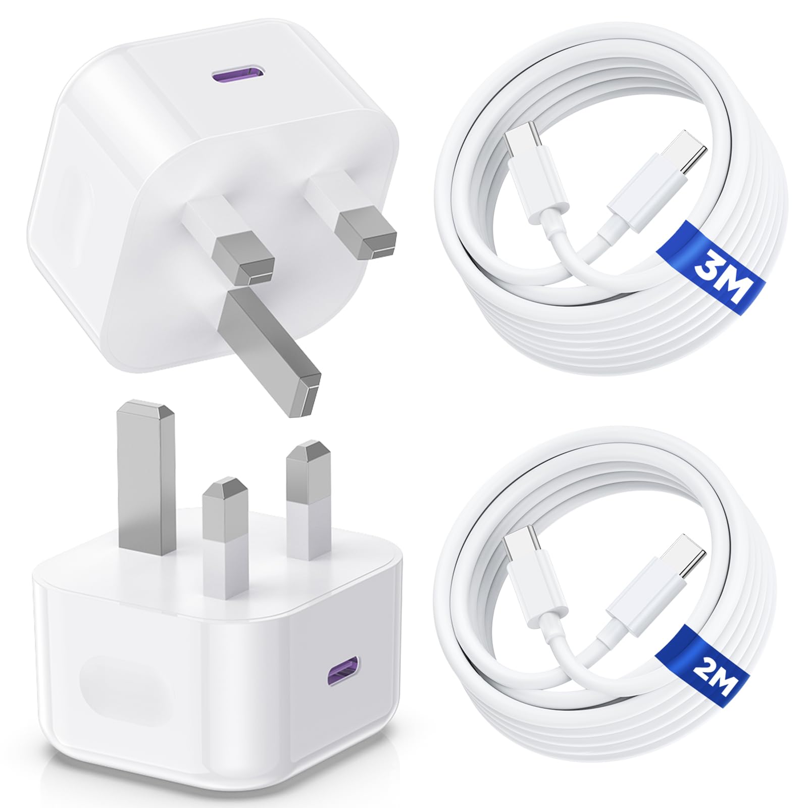 20W USB-C Fast Charger for iPhone – 2M & 3M Cables (2 Pack)