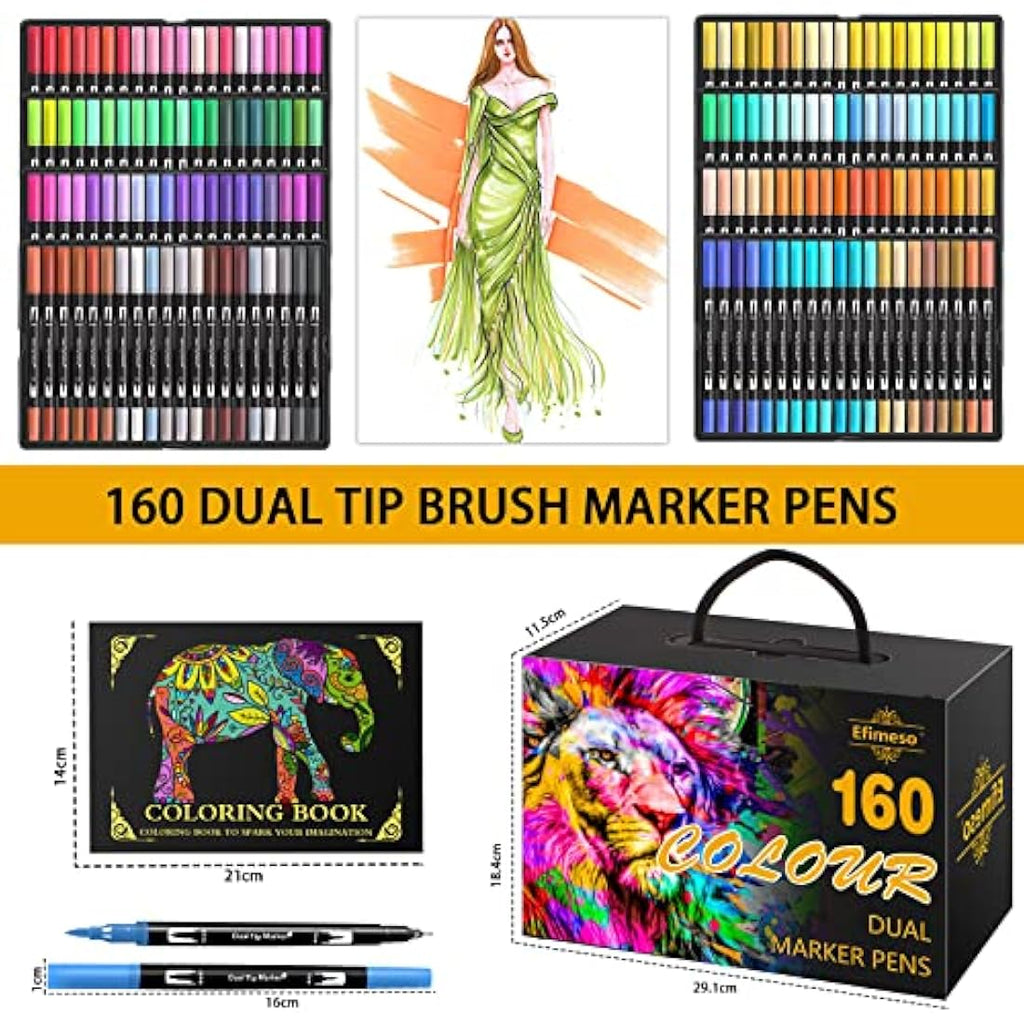 Efimeso 160 Color Dual Tip Brush Pens | Art Markers for Adult Coloring