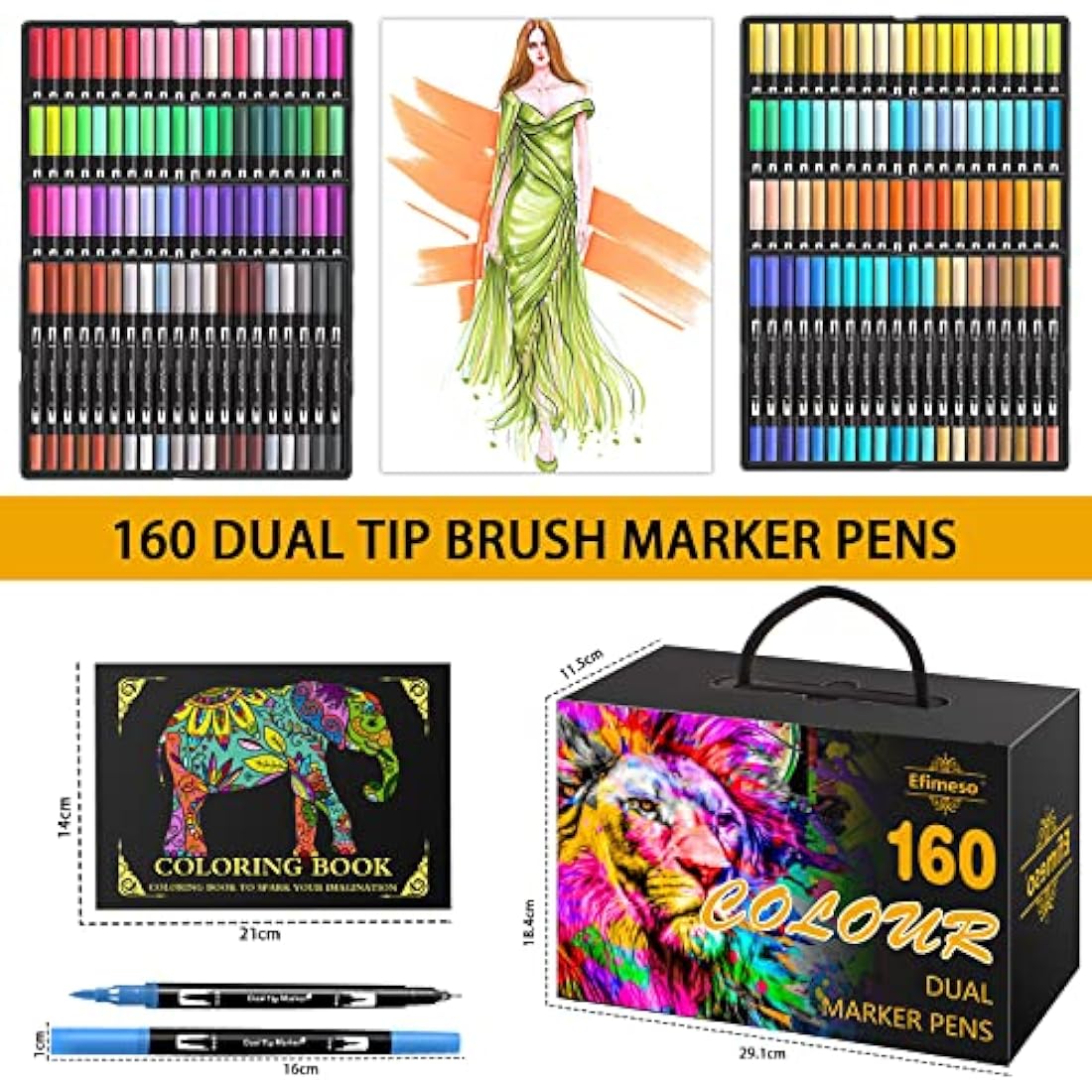 Efimeso 160 Color Dual Tip Brush Pens | Art Markers for Adult Coloring