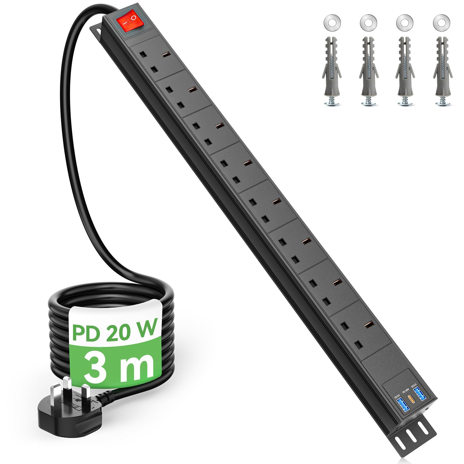 Jolof Store 8 Way Power Strip Surge Protector | 3m USB C PD20W Metal