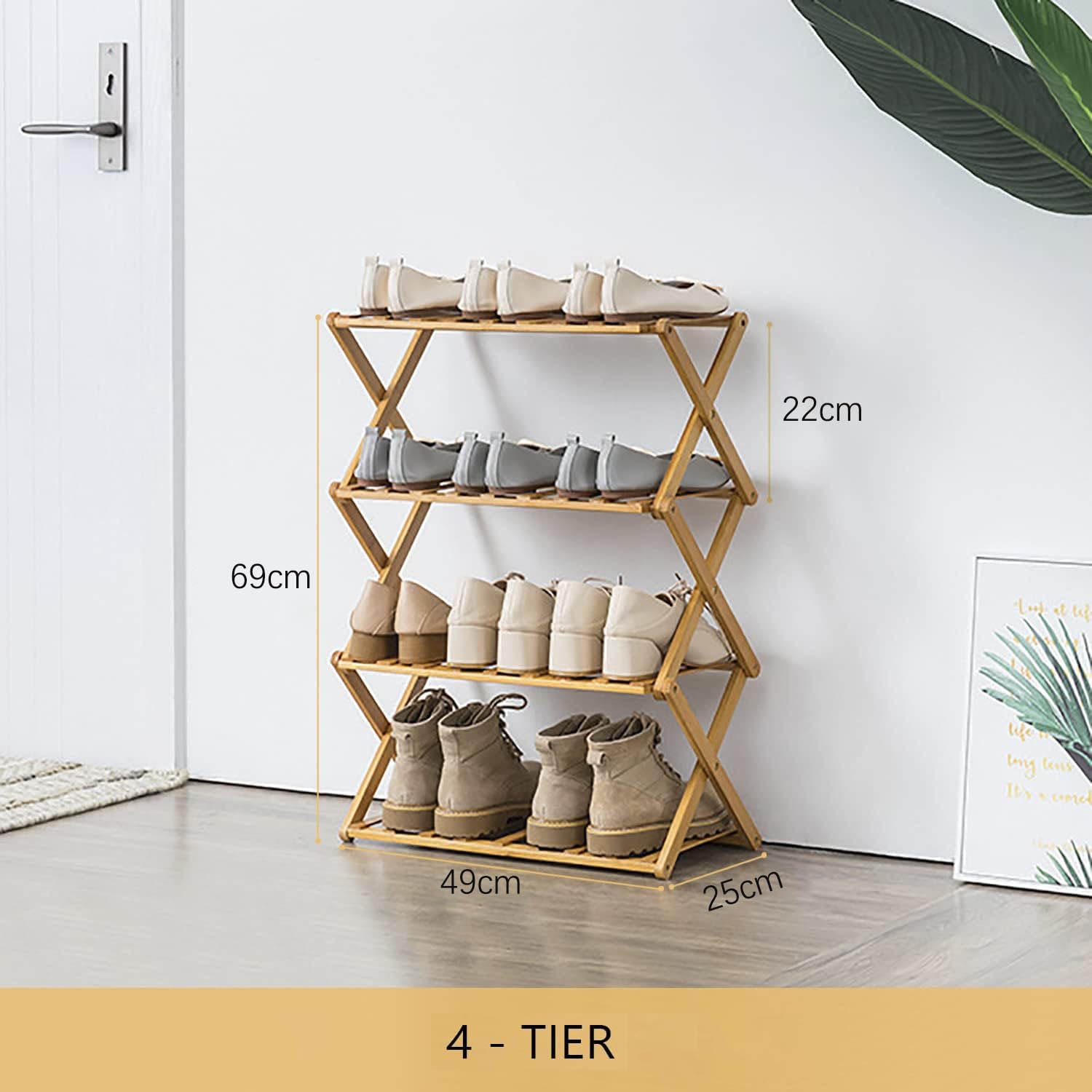 Glsety 4 Tier Bamboo Shoe Rack – Foldable No-Assembly Storage Organizer