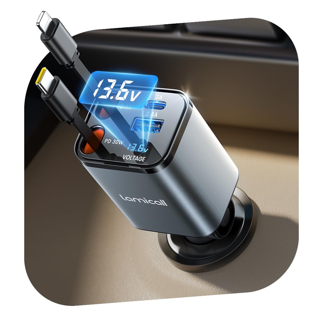 Lamicall 4-in-1 Retractable Car Charger – 69W USB-C & USB-A Adapter