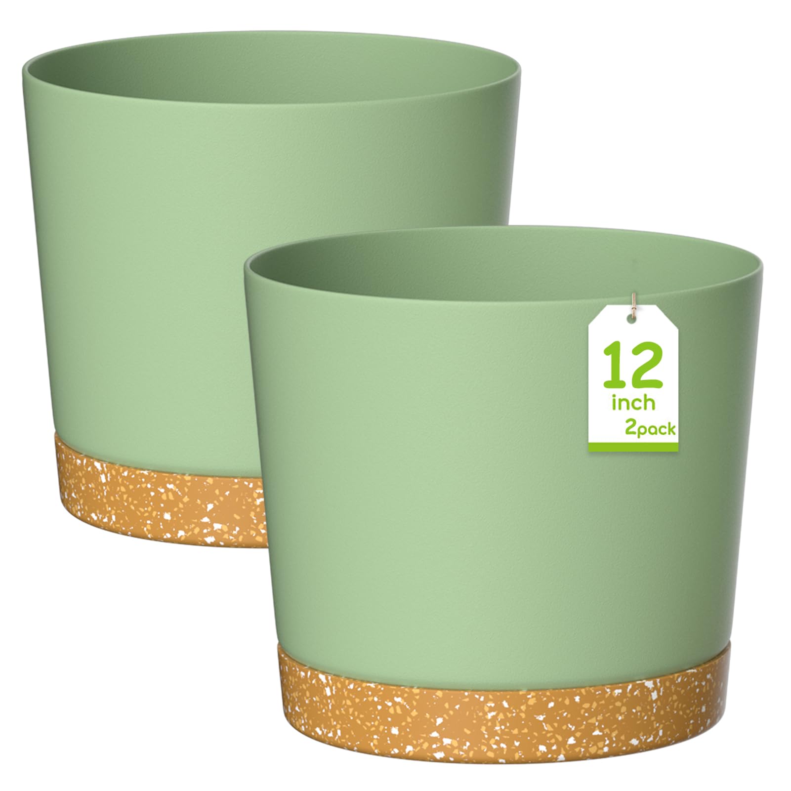 ZMTECH 30.5cm Modern Plastic Plant Pots with Drainage - Set of 2, Green