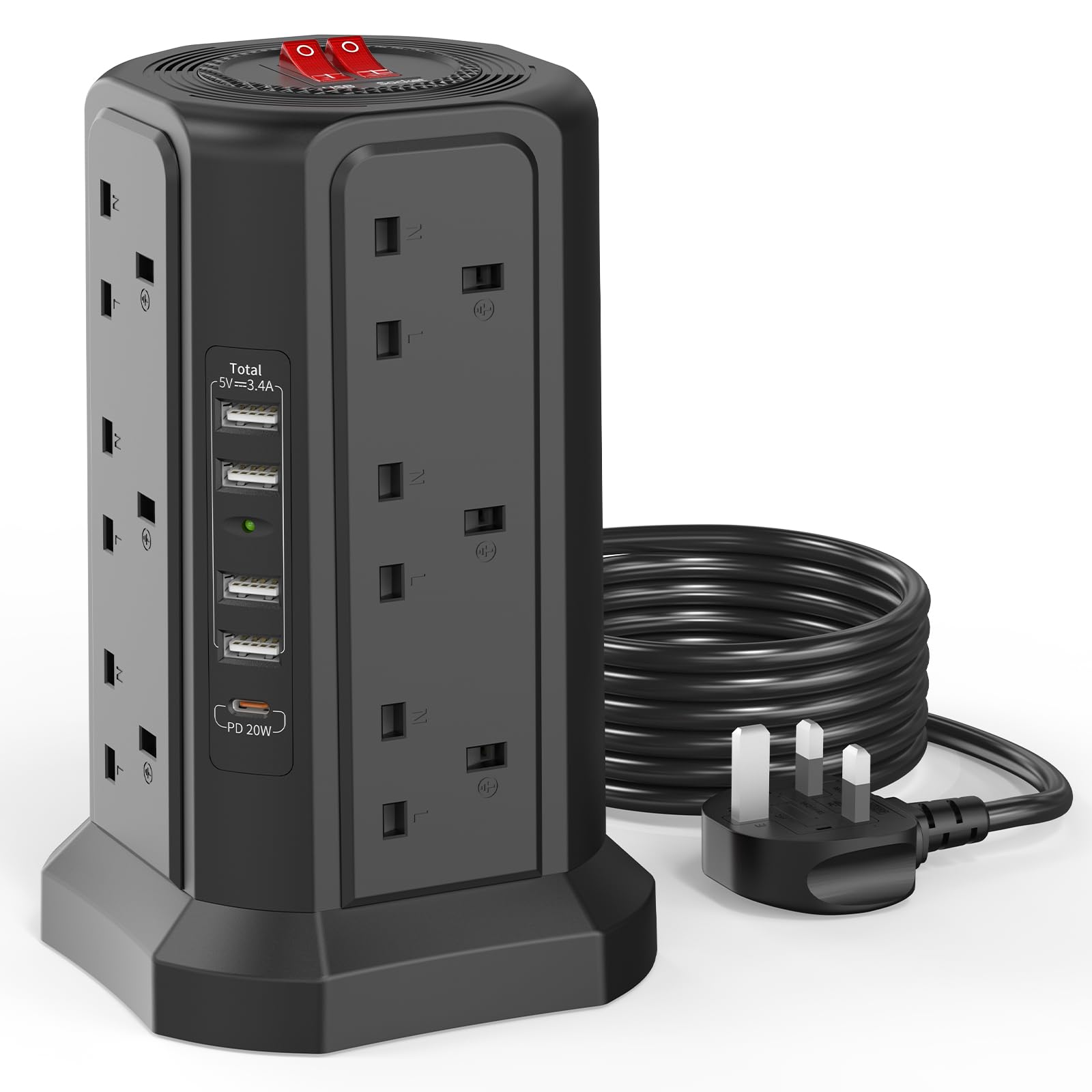 12-Way Tower Extension Lead | 20W USB-C & 3M Cable
