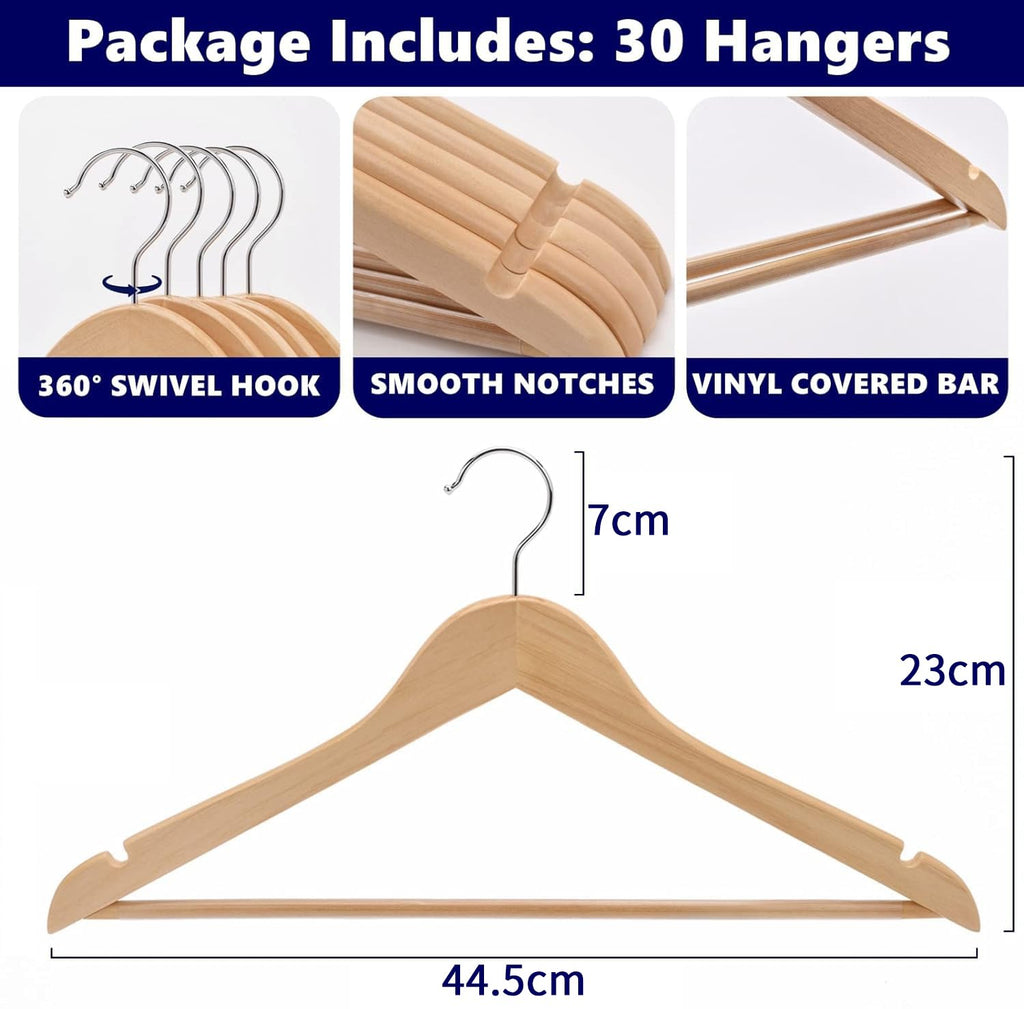 Amber Home Natural Wooden Coat Hangers – 30 Pack Non-Slip Suit Hangers