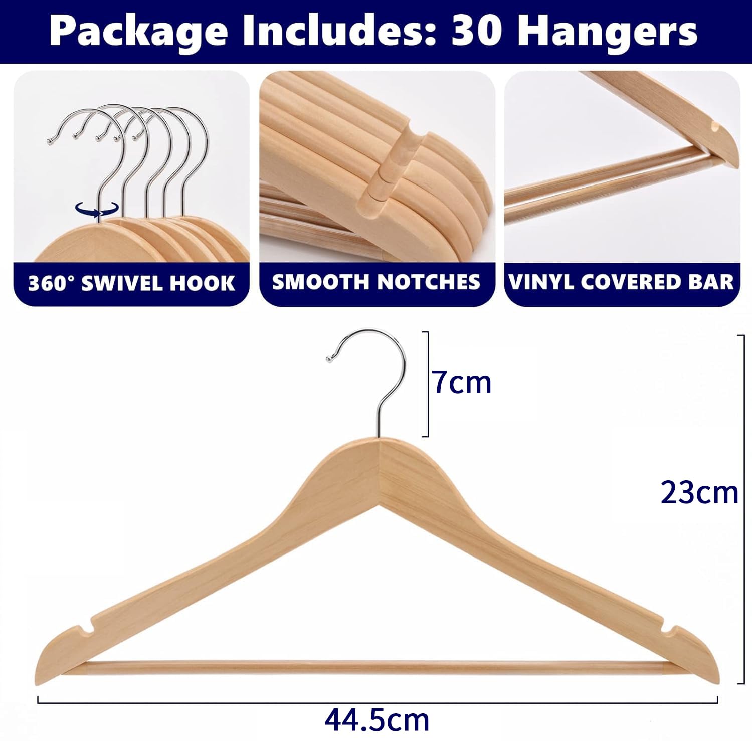 Amber Home Natural Wooden Coat Hangers – 30 Pack Non-Slip Suit Hangers