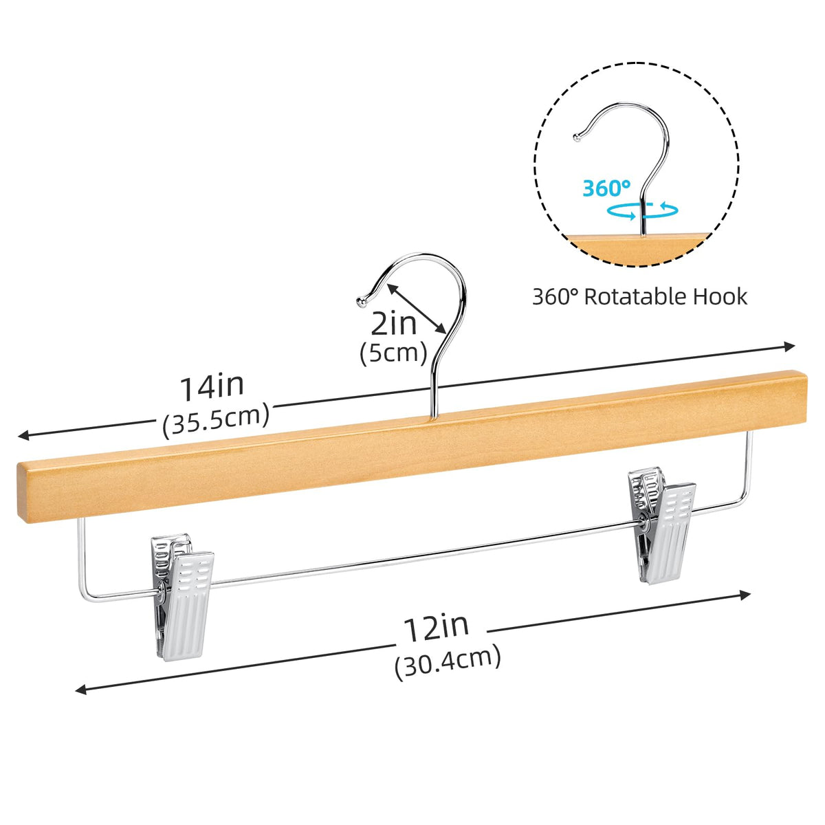 20pcs Wooden Trouser Hangers, 35cm Natural Skirt Coat Hangers with Clips - image 2