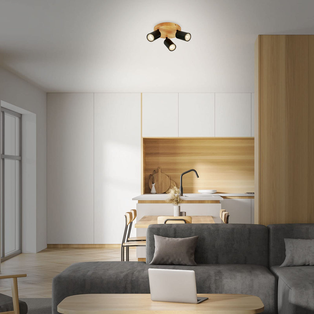 Briloner Vintage 3-Light Ceiling Spotlight – Wood & Matte Black