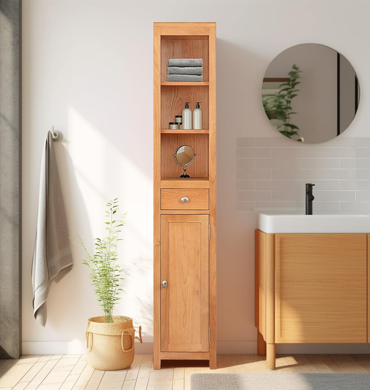 Hallowood Waverly Oak Tall Slim Bathroom Cabinet – Narrow Storage Unit