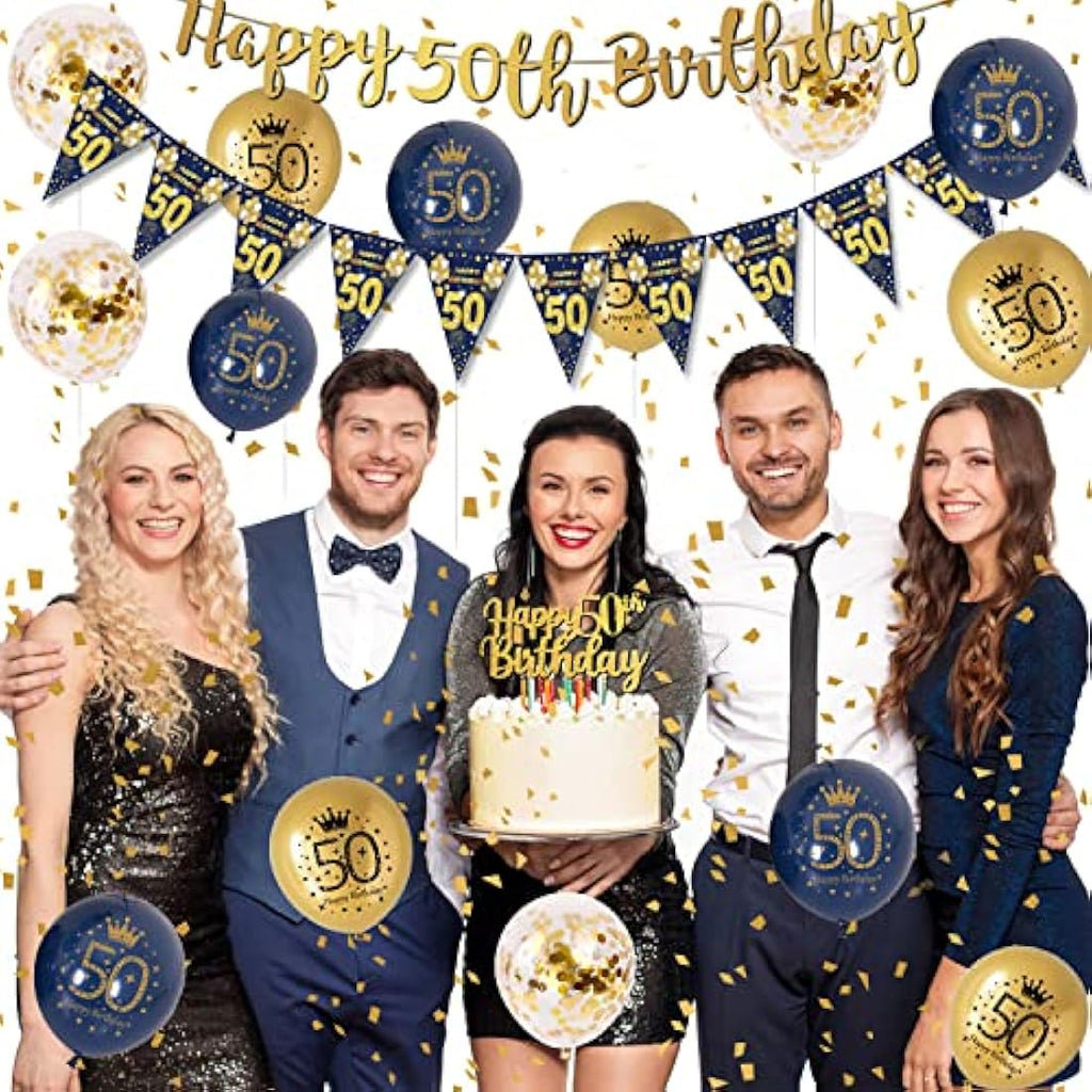 Jolof Store 50th Birthday Decorations Kit – Navy Blue & Gold Party Set