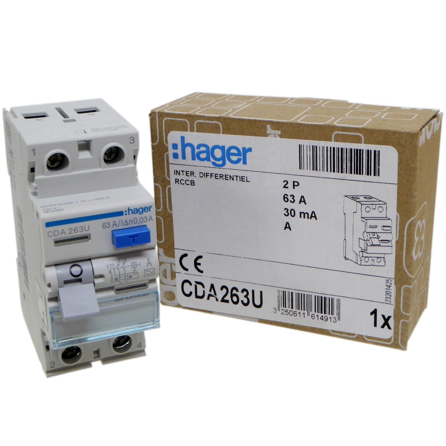 Hager CDA263U 63A 2 Pole 30mA RCD – Electrical Circuit Protection