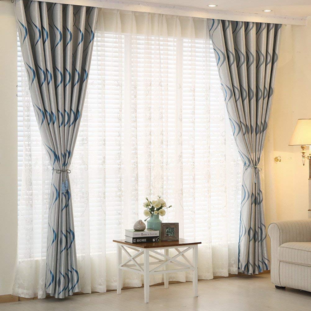 MYRU Striped Eyelet Curtains - Blue 80% Blackout Panels, 66x84 Inch