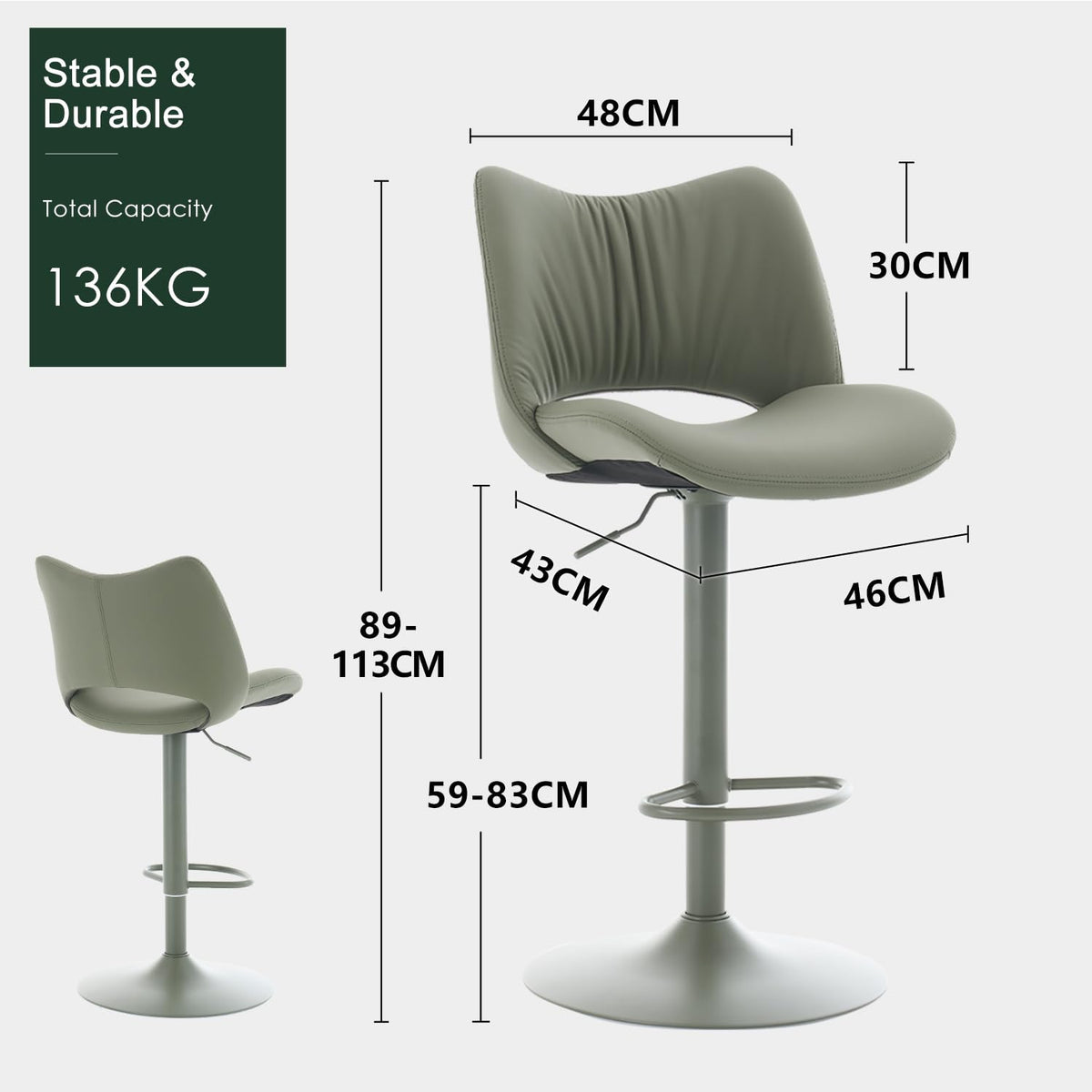 YOUNUOKE Bar Stools Set of 2, Adjustable Breakfast Bar Stools, All Green - image 2