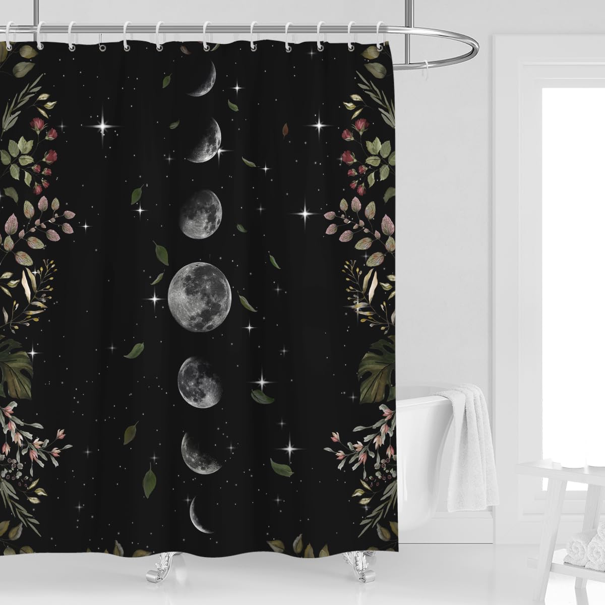 Jolof Store Moon Phase Shower Curtain | Black Gothic Celestial Decor