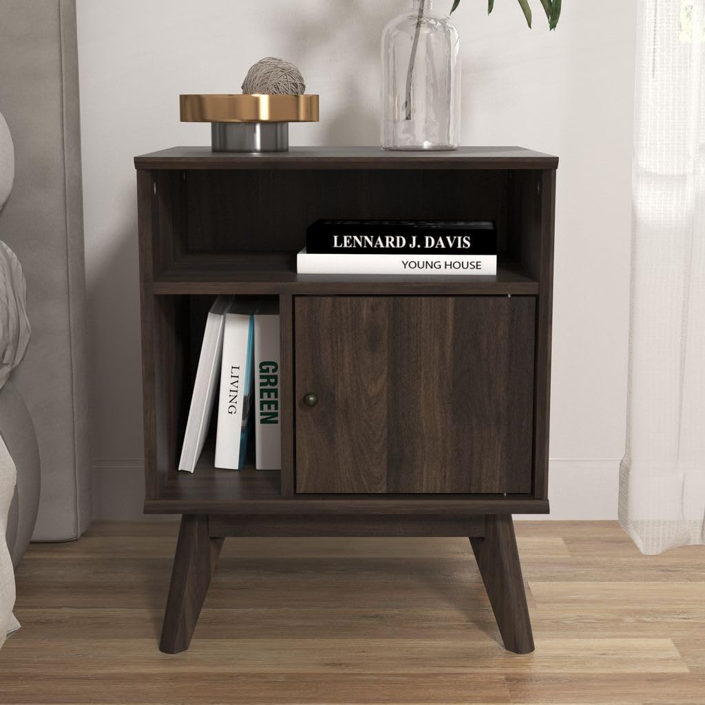 Galano Alston Slim Side Table – Bedside Cabinet with Drawer, Royal Walnut