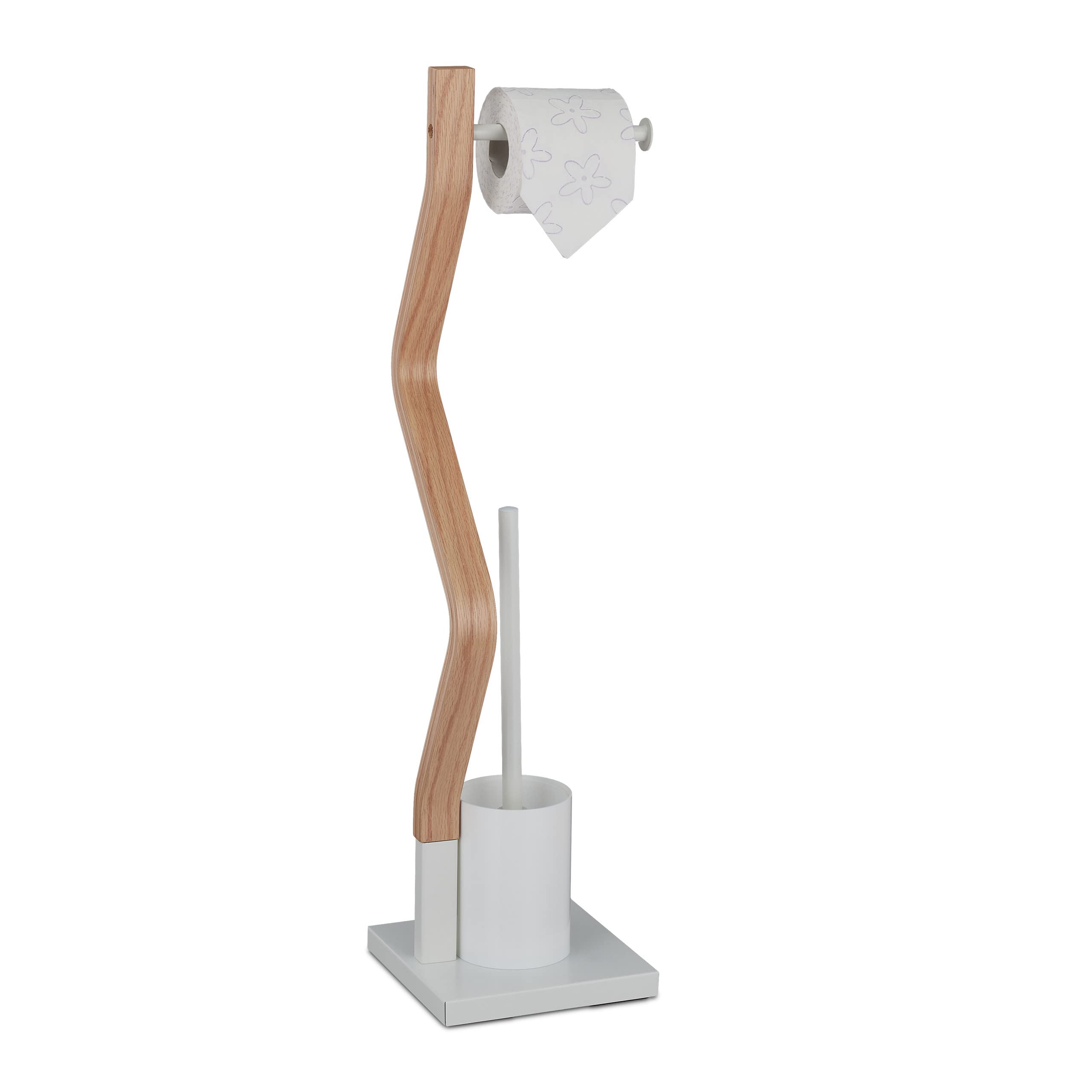 Relaxdays Standing Toilet Paper Holder & Brush Set – White Steel & Wood
