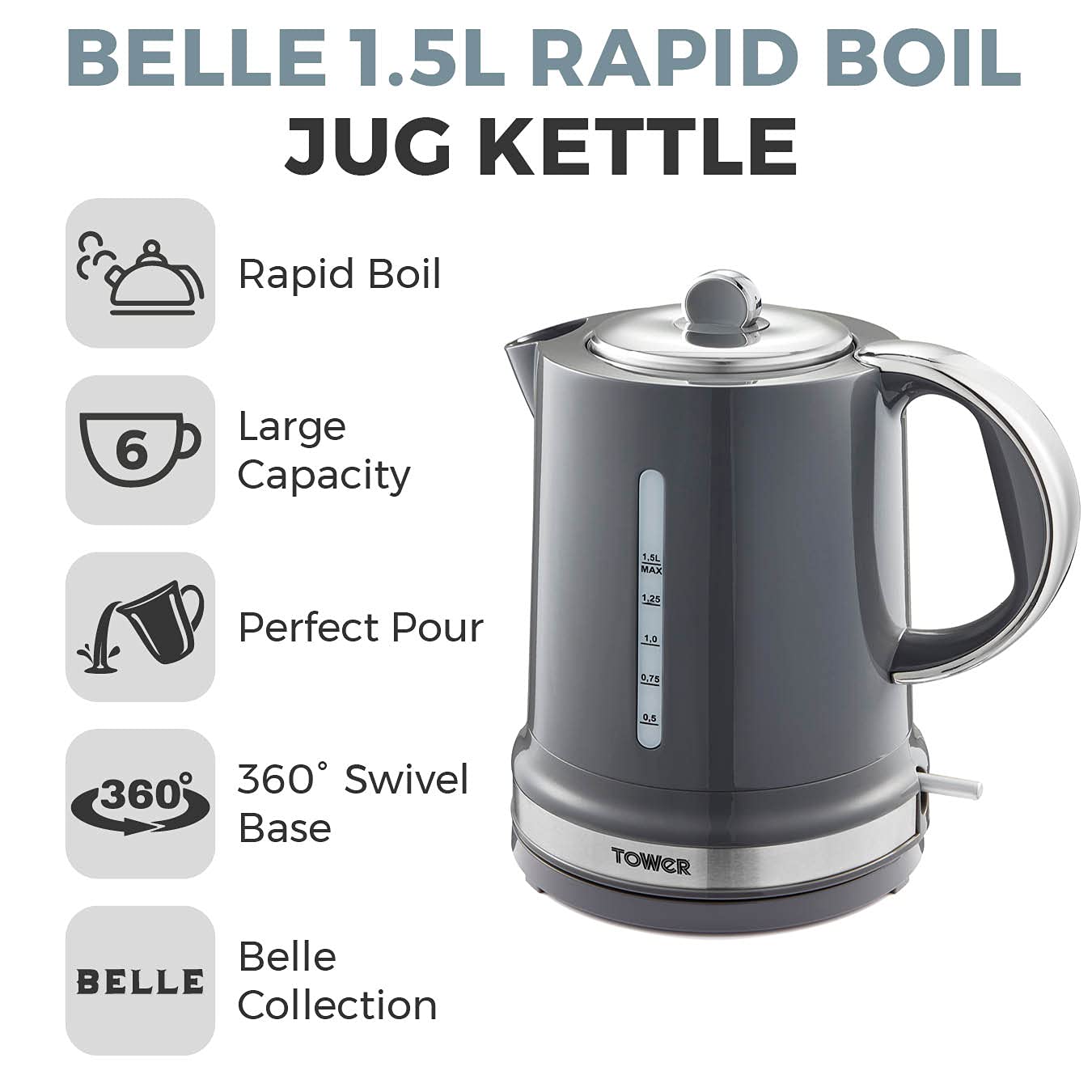 Tower Belle Jug Kettle – 1.5L Rapid Boil 3000W Electric Kettle, Graphite