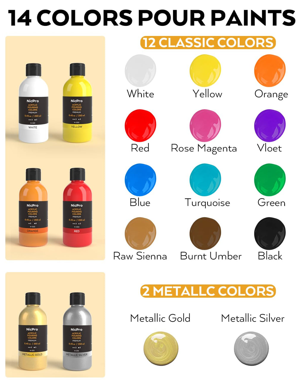 Nicpro 14 Color Acrylic Pour Paint Kit – 8.45oz Premixed High Flow Set
