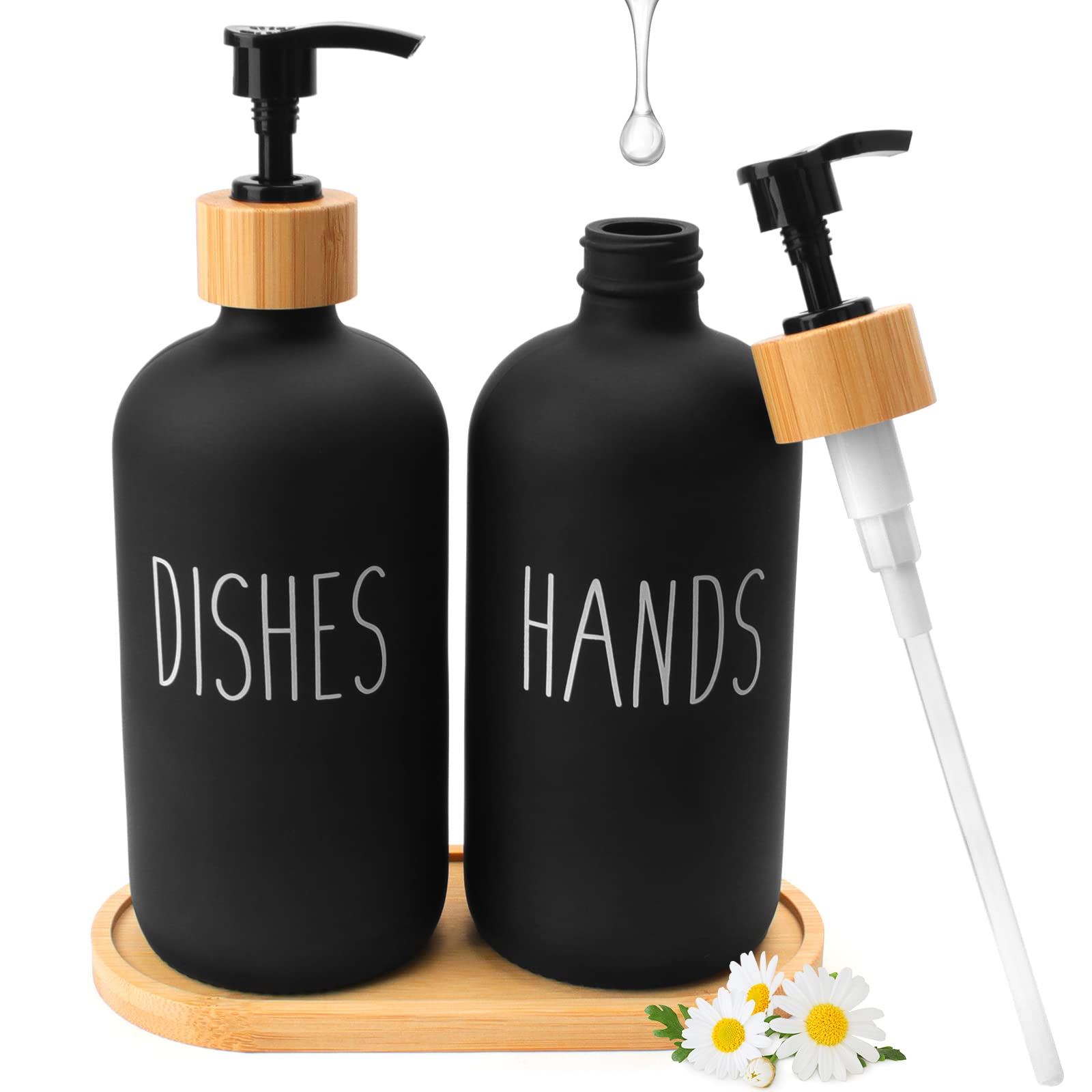 2-Pack Glass Hand and Dish Soap Dispenser Set with Bamboo Tray