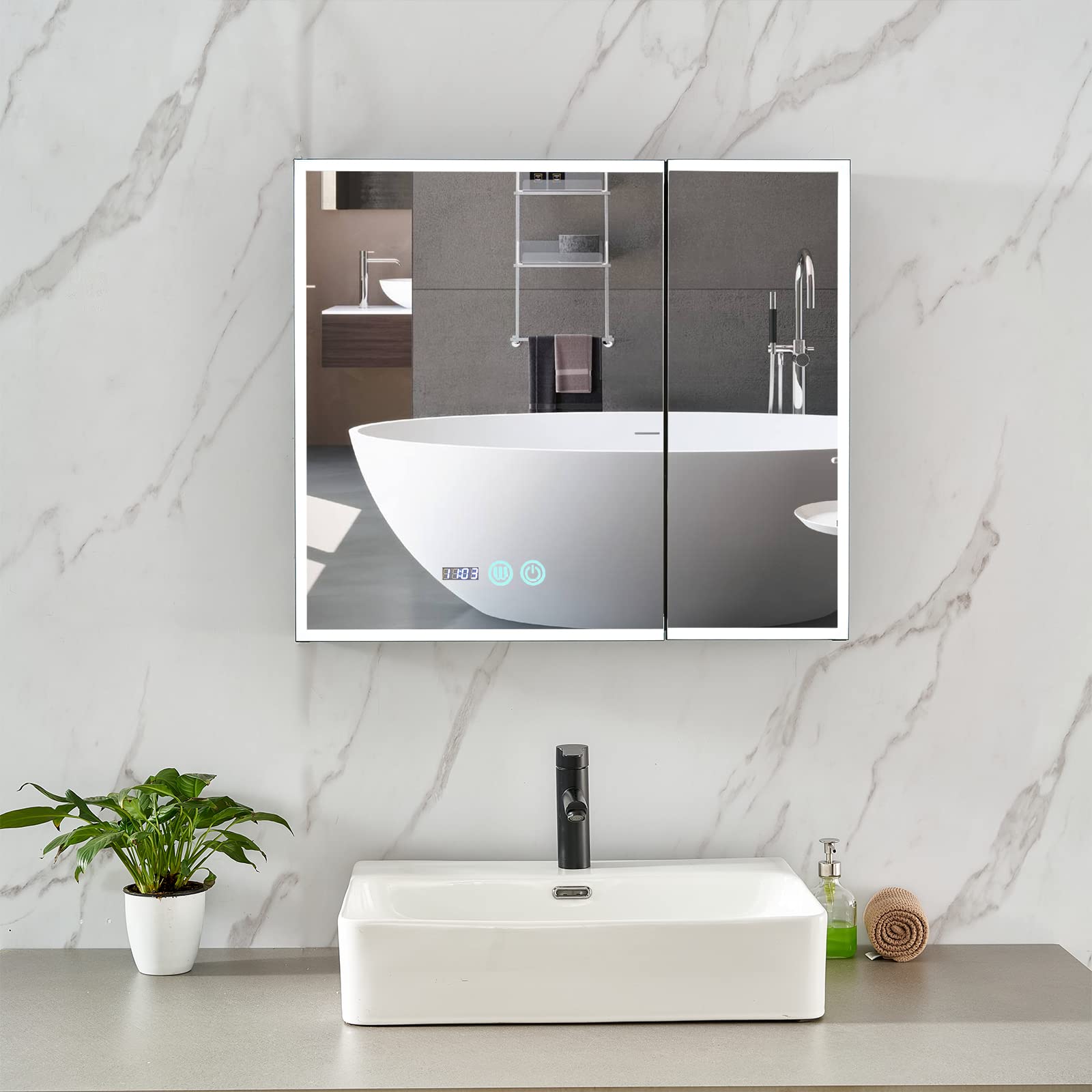 Plumbsys LED Bathroom Mirror Cabinet | Black 2-Door Anti-Fog – 750x650mm