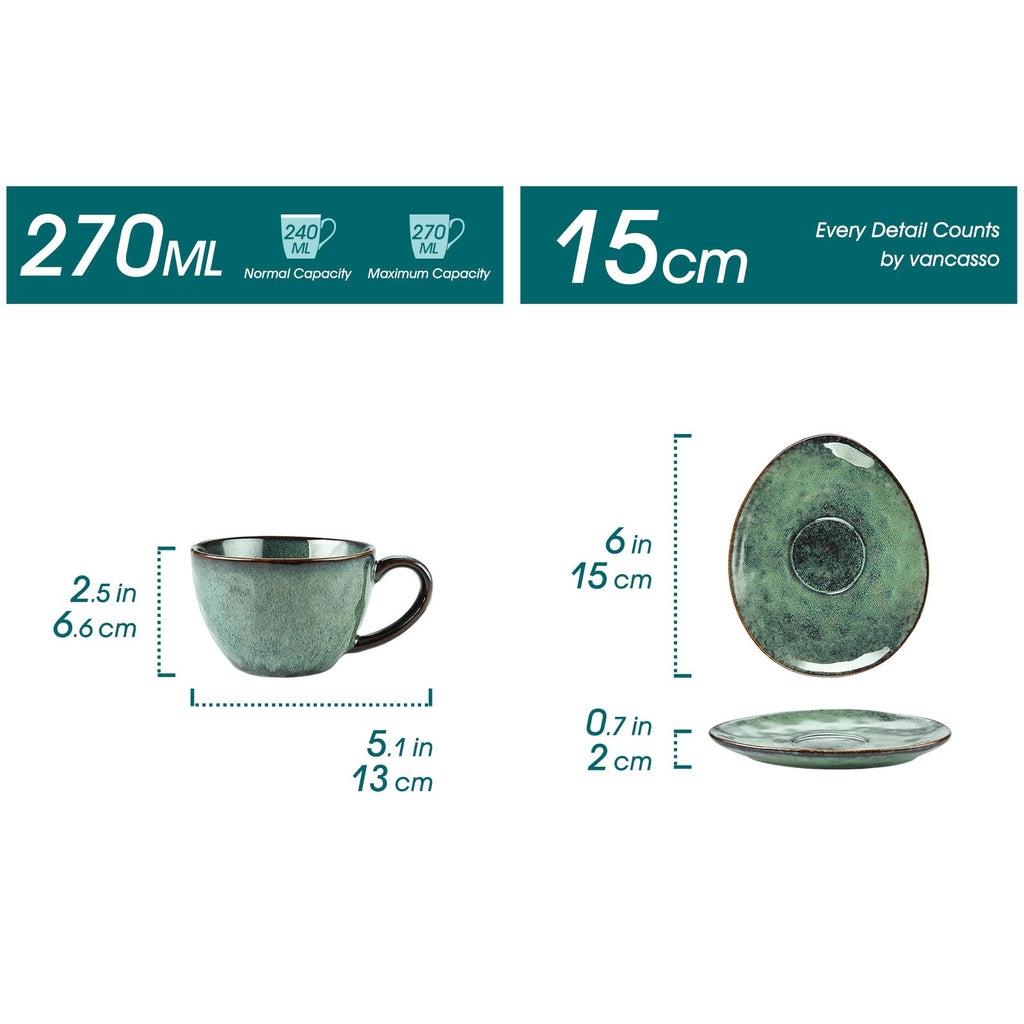 vancasso Starry Ceramic Coffee Cup and Saucer Set - 4 Piece Stoneware, 270ml