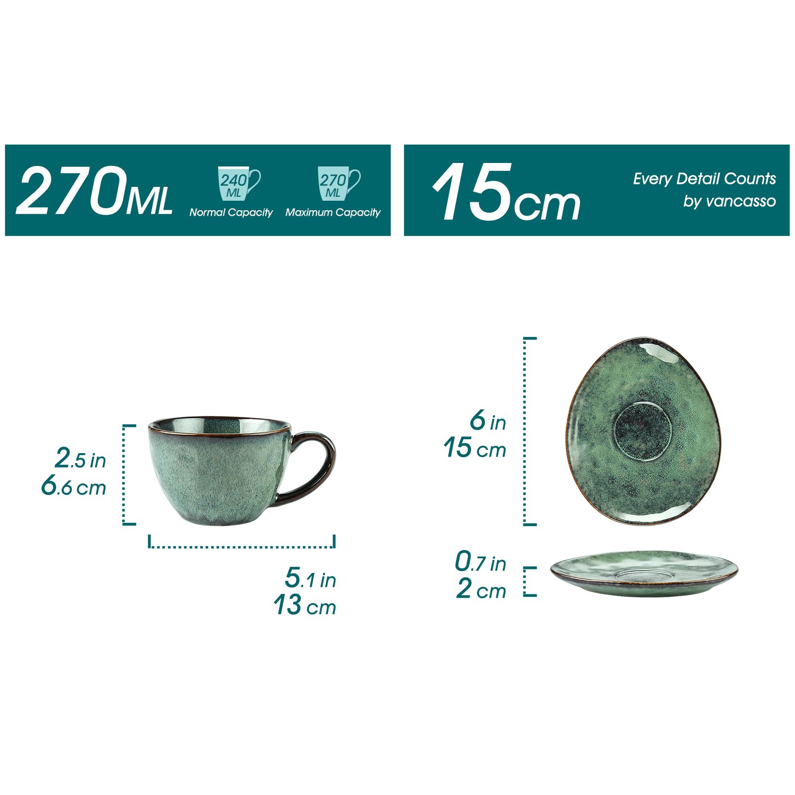 vancasso Starry Ceramic Coffee Cup and Saucer Set - 4 Piece Stoneware, 270ml