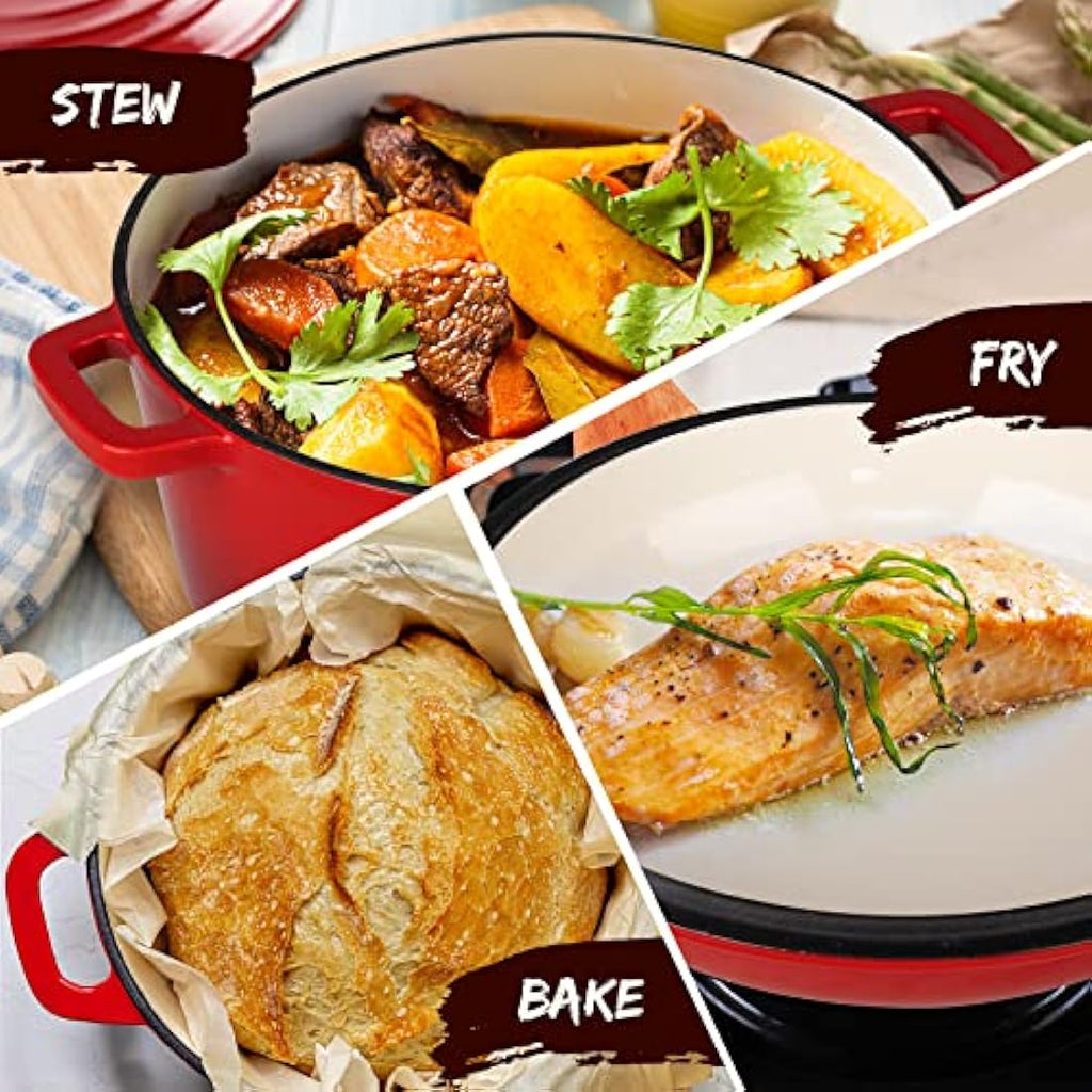Overmont 5 Quart Enameled Cast Iron Dutch Oven with Skillet Lid