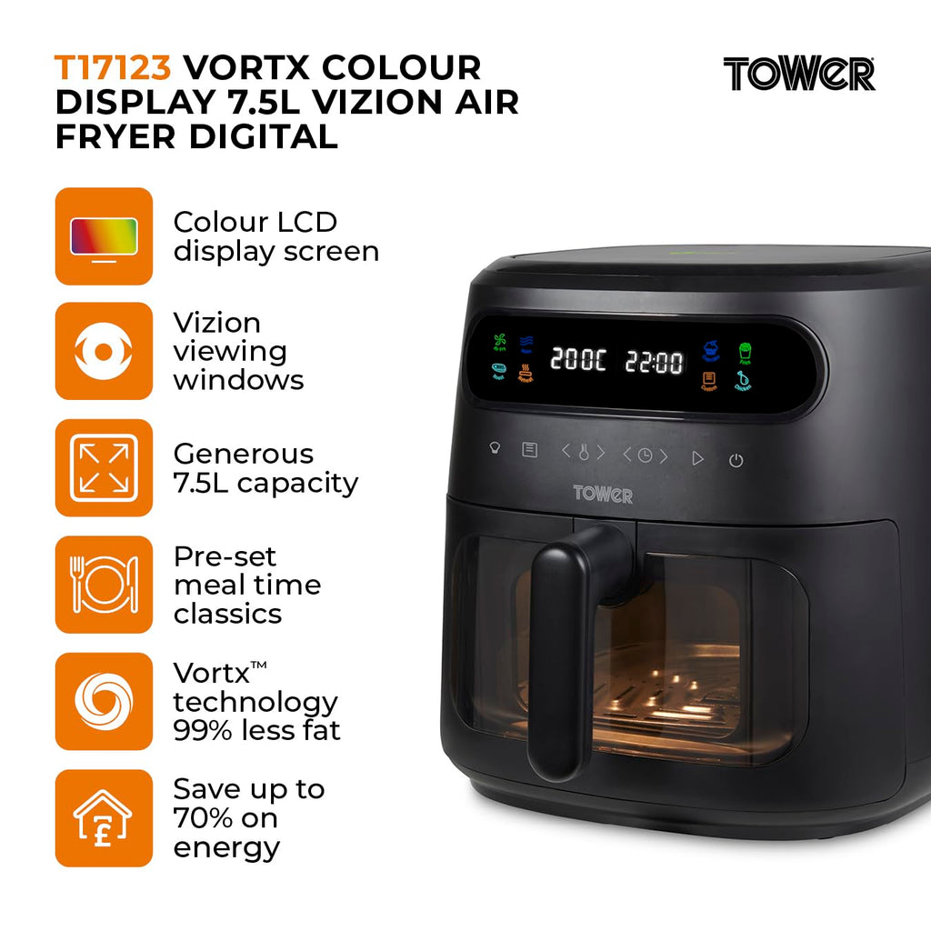 Tower T17123 Vortx Vizion 7.5L Air Fryer with Digital Display - Black