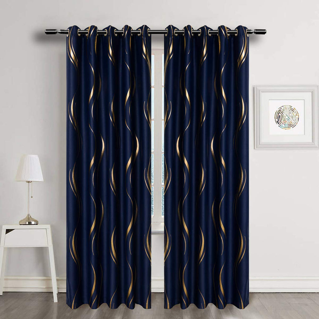 Luxury Striped Blackout Curtains – Navy & Gold, 66x84 Inch