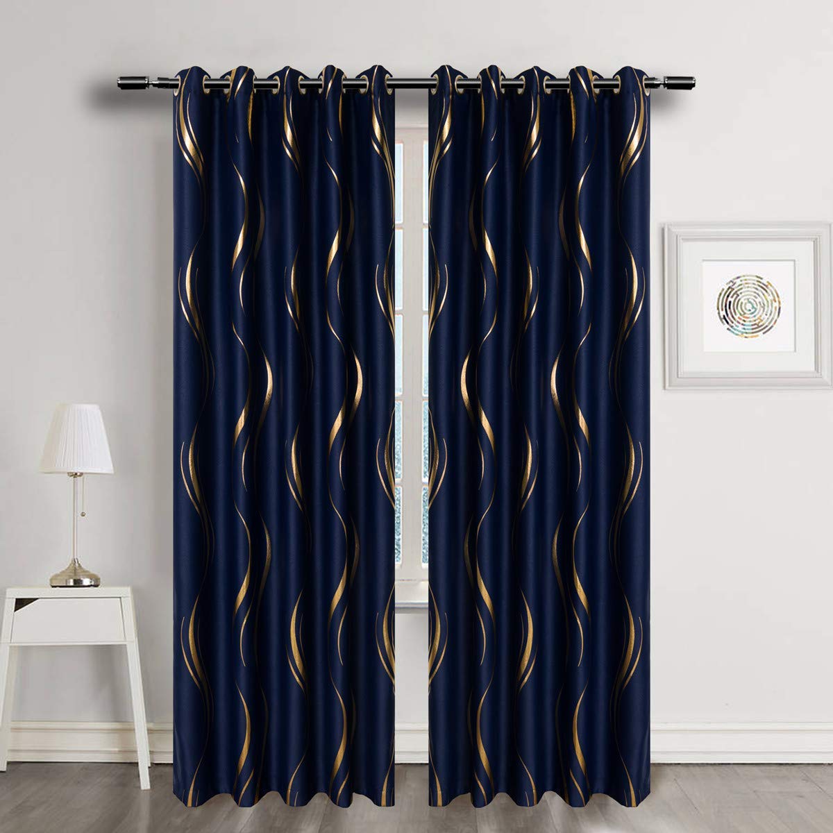 Luxury Striped Blackout Curtains – Navy & Gold, 66x84 Inch