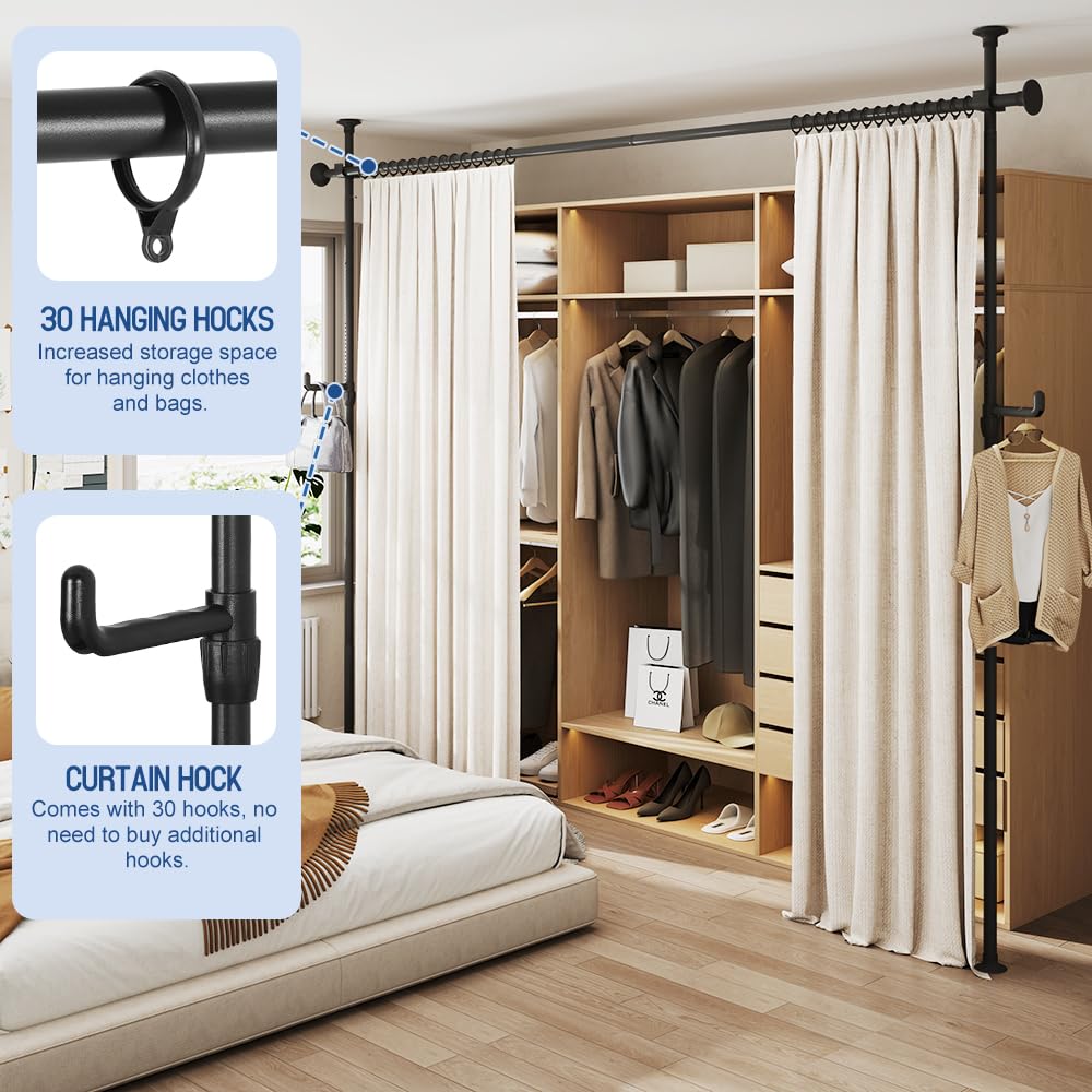 KELIXU Room Divider Curtain Rod No Drilling, 4-10ft W x 4-10ft H Room Partition with Hanging Hooks, Floor to Ceiling Divider for Room Separation - image 3