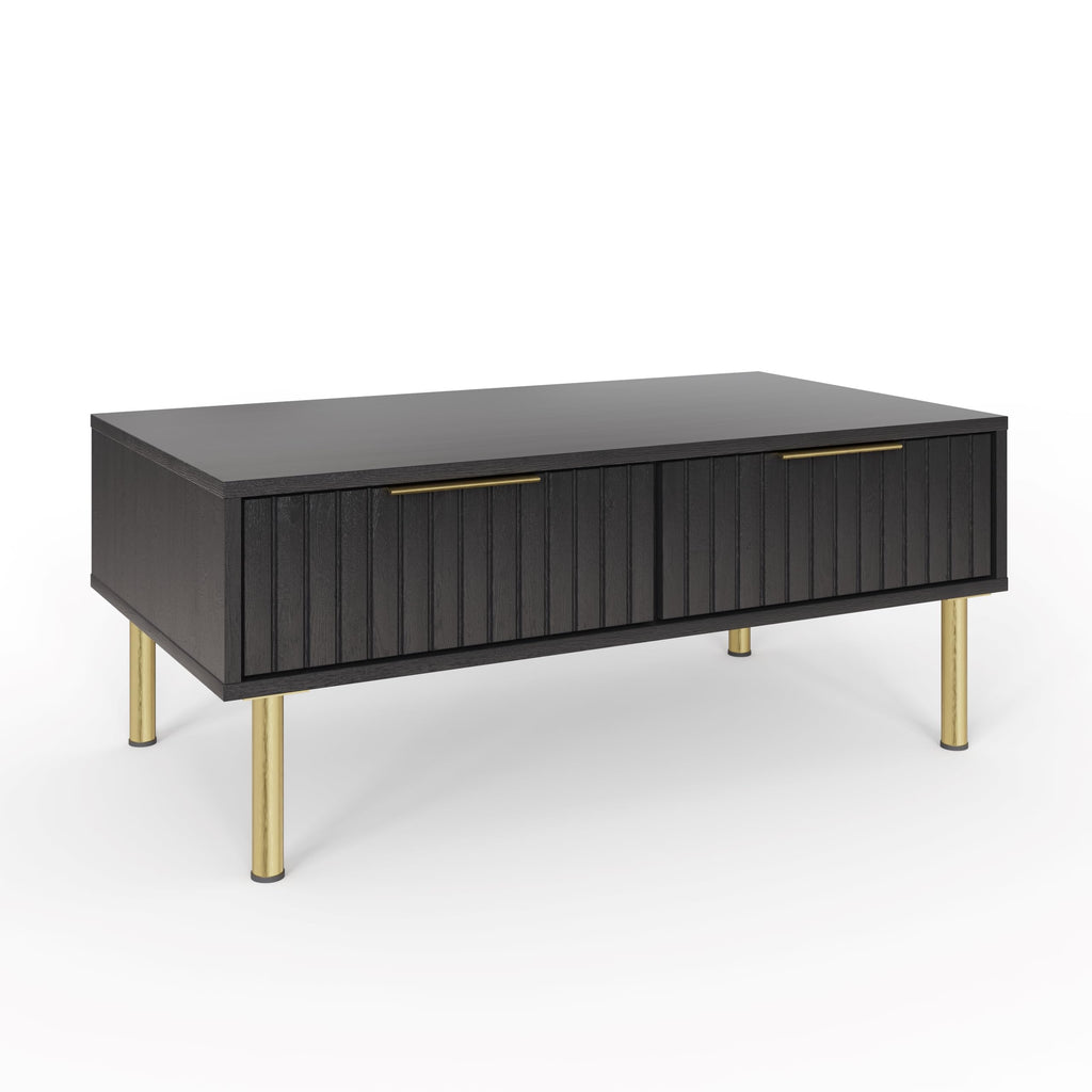 GFW Nervata Coffee Table, Black Coffee Table with 2 Drawers, Art Deco Style Living Room Table with Gold Accents and Wood Grain Texture - image 3