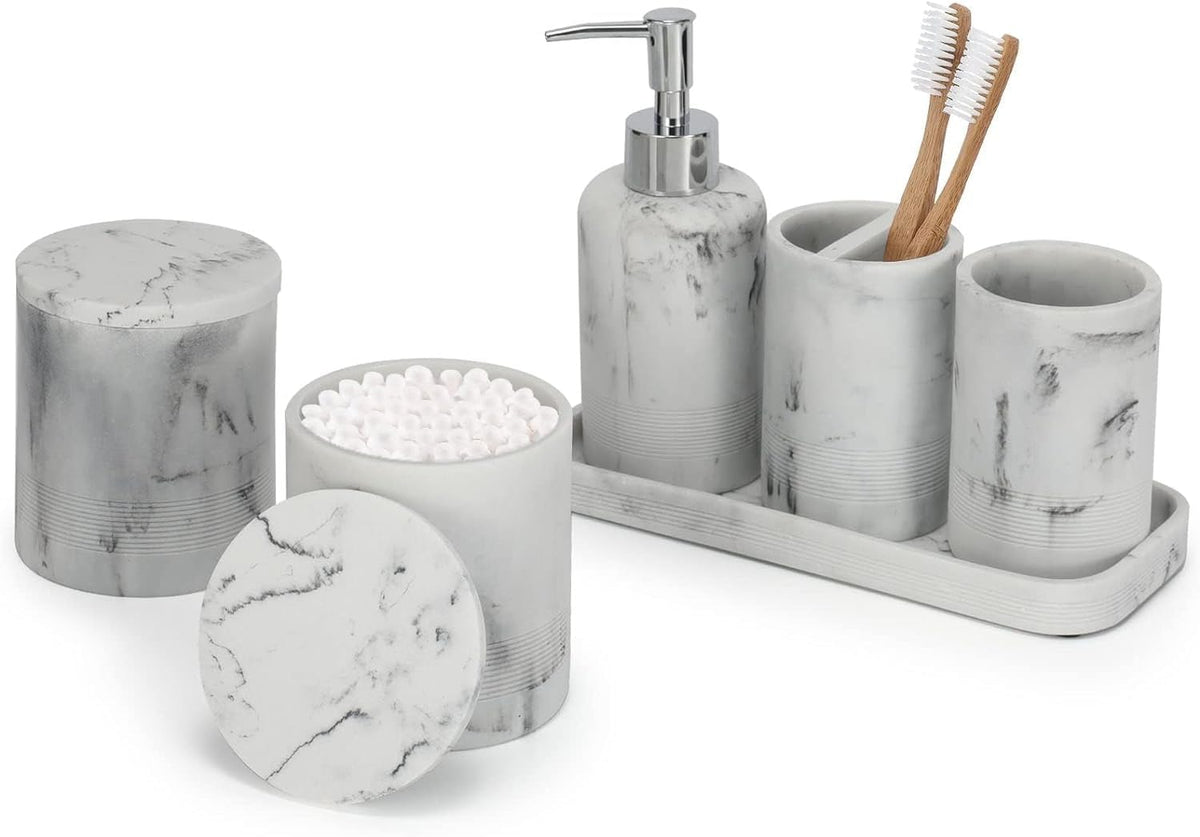 ZCCZ White Bathroom Accessory Set 6 Pieces - Organiser With Toothbrush Holder, Lotion Soap Dispenser, Vanity Tray and 2 Q-tip Holders - image 1