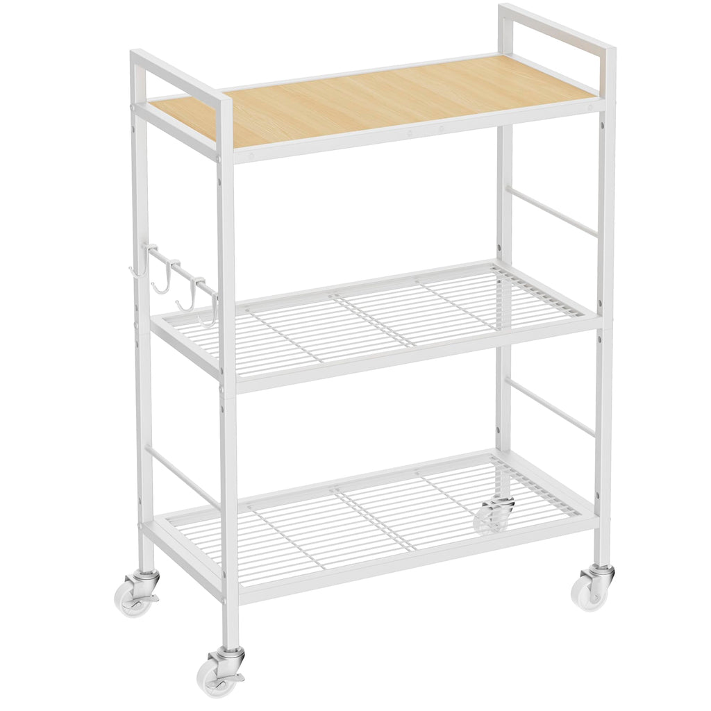 3-Tier kitchen trolley,Oak Wood Top,60W×30Dcm,4 Hooks, Adjustable Shelves - image 1
