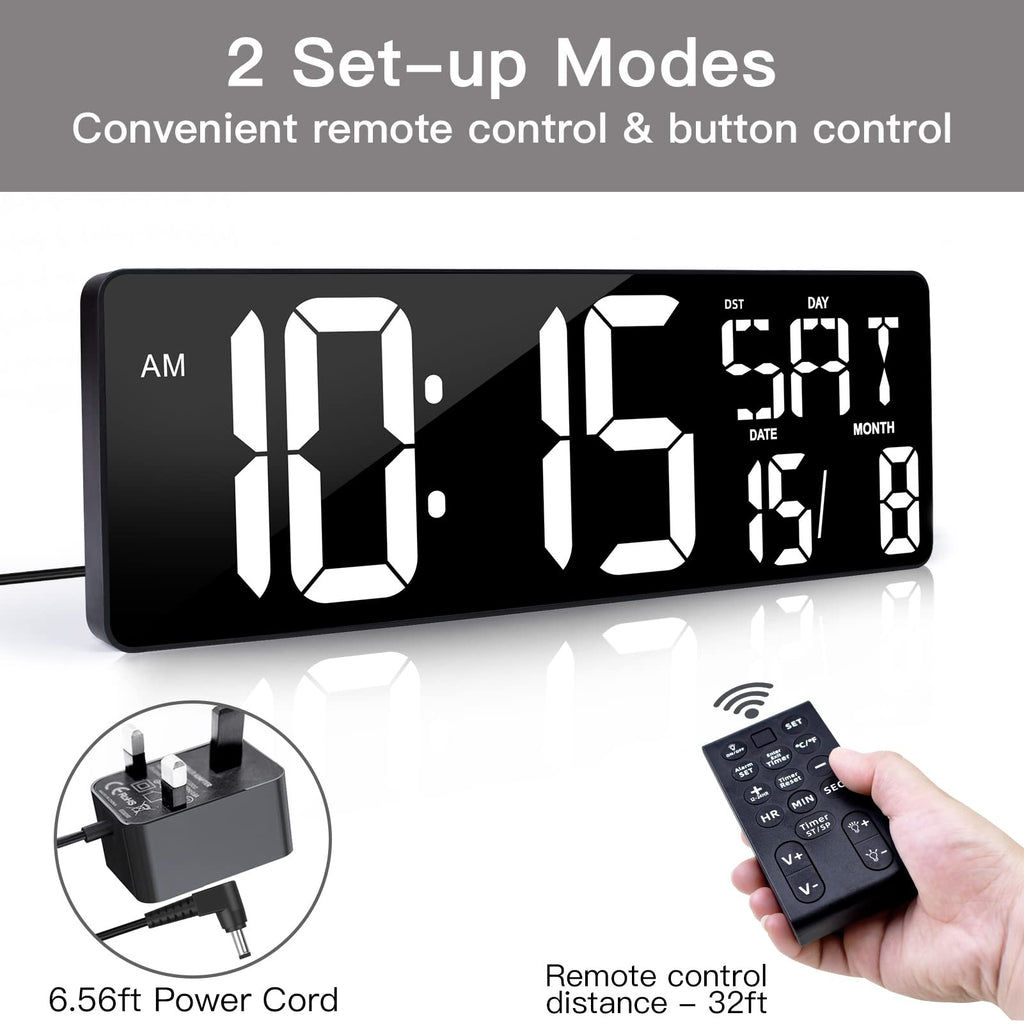 XREXS 16.5 Inch Large Digital Wall Clock – Auto-Dimming LED Timer with Remote
