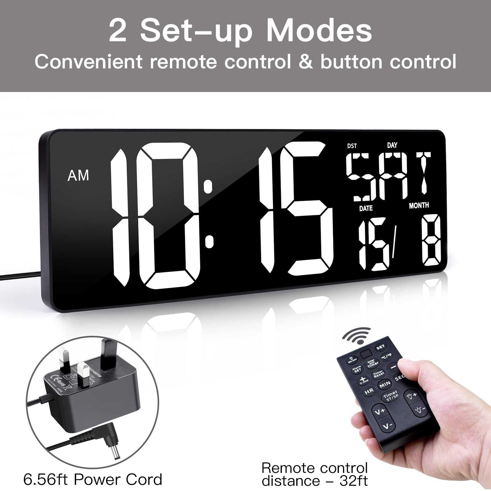 XREXS 16.5 Inch Large Digital Wall Clock – Auto-Dimming LED Timer with Remote