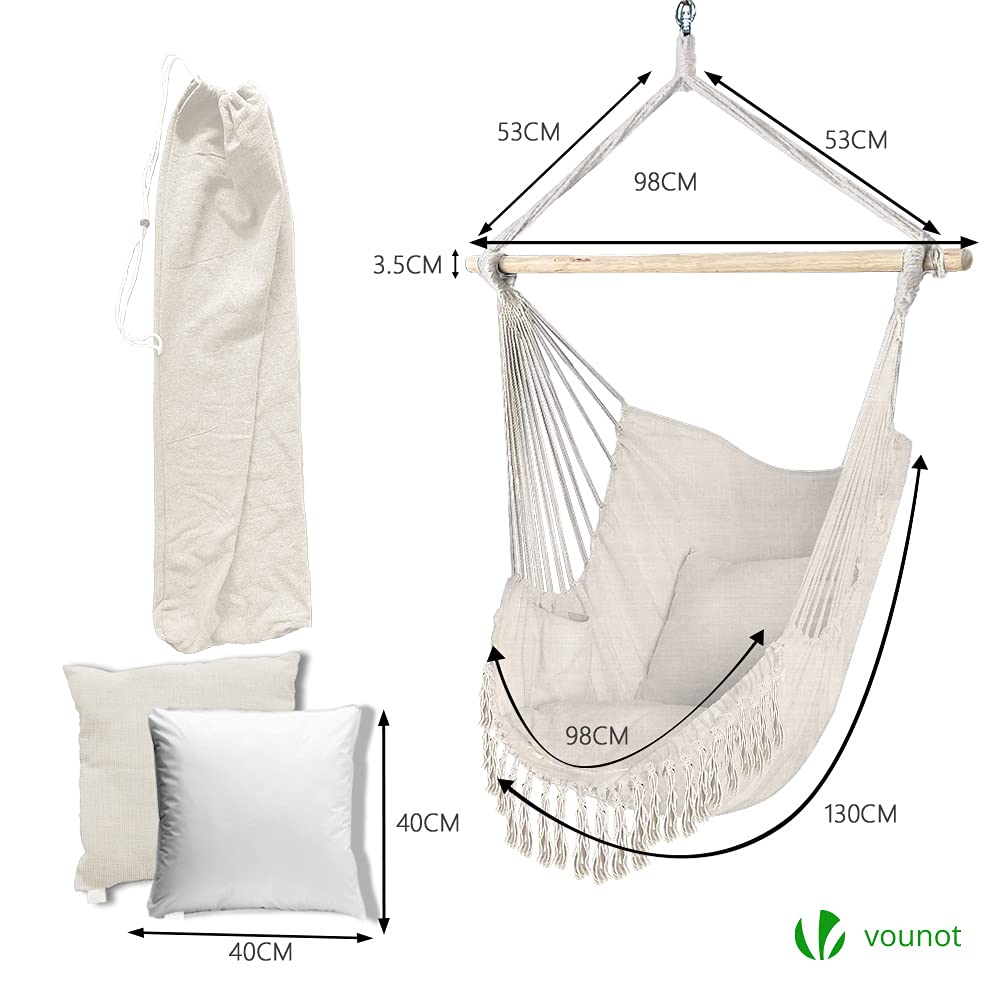 VOUNOT Macrame Hanging Hammock Swing Chair with Cushion - Beige