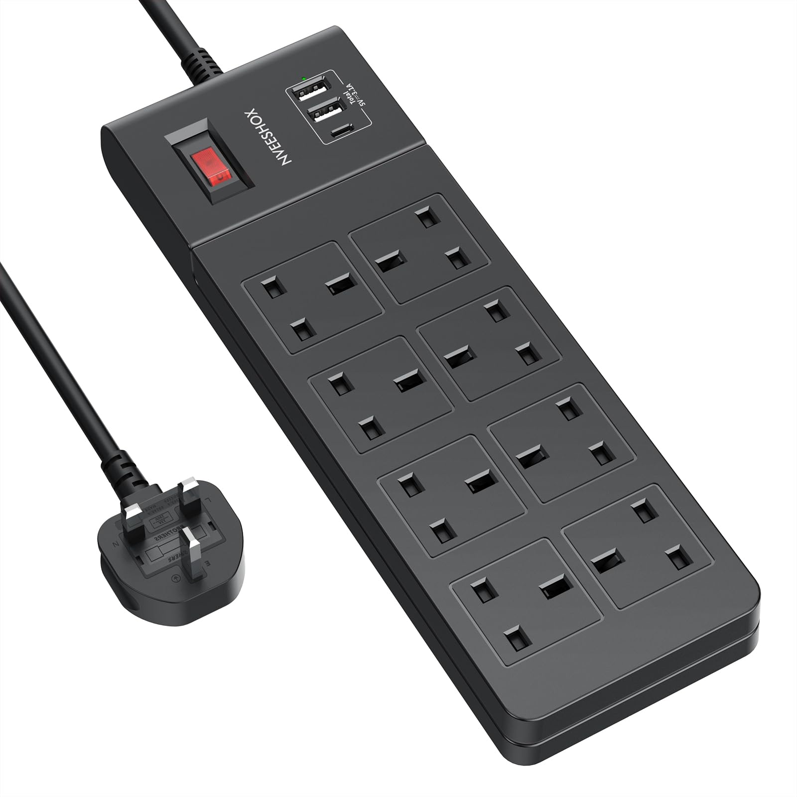 NVEESHOX 8-Way Extension Lead | 2M Surge Protected Power Strip with 3 USB
