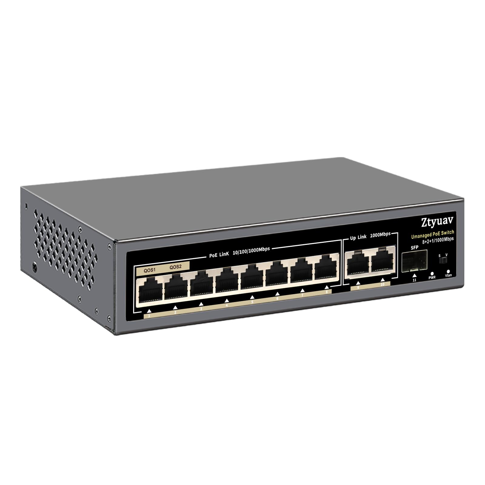 Ztyuav 11-Port Gigabit PoE Switch | 8 PoE+ Ports 120W, 2 Uplink, 1 SFP
