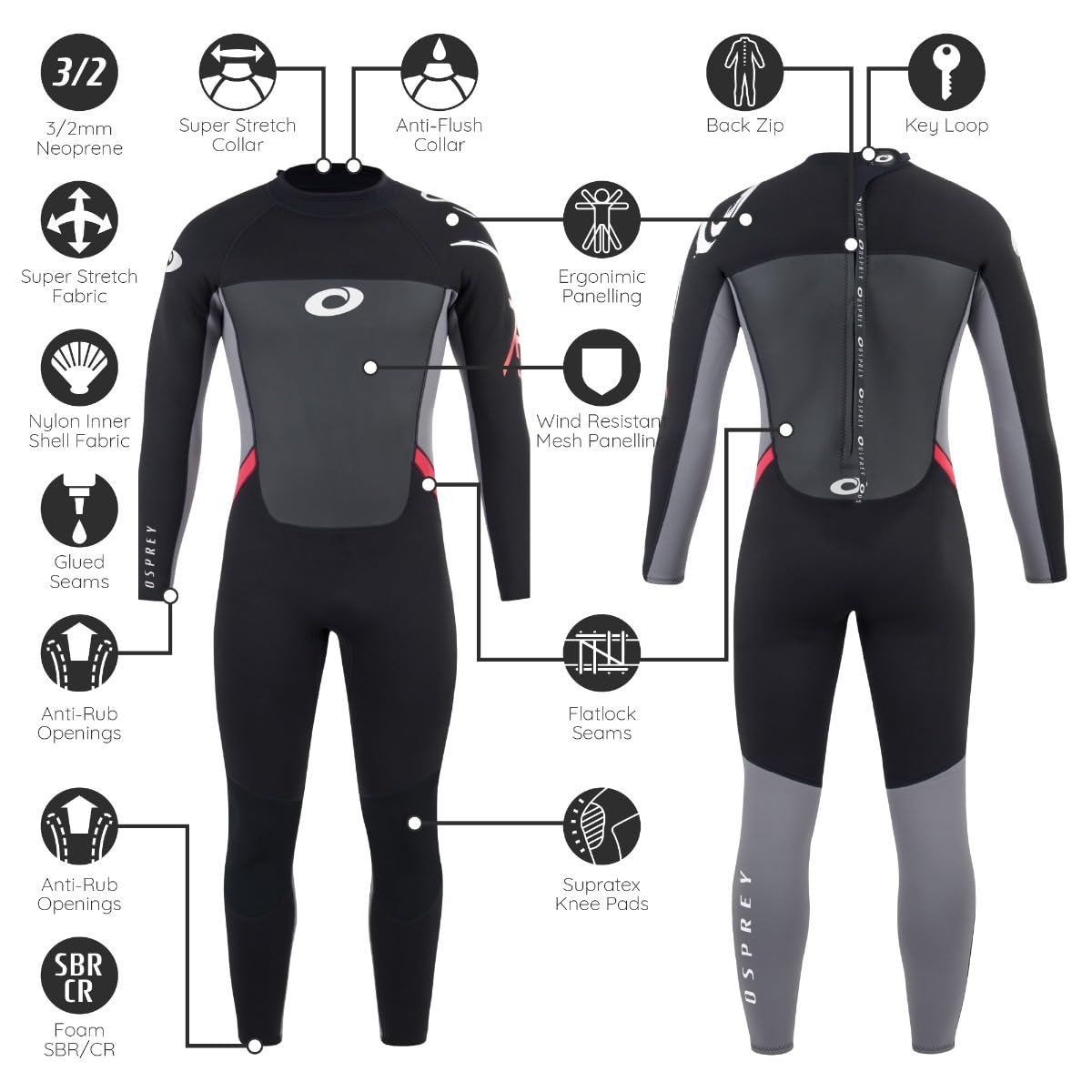 Osprey Men's 3mm Neoprene Full Length Summer Wetsuit - Red Origin