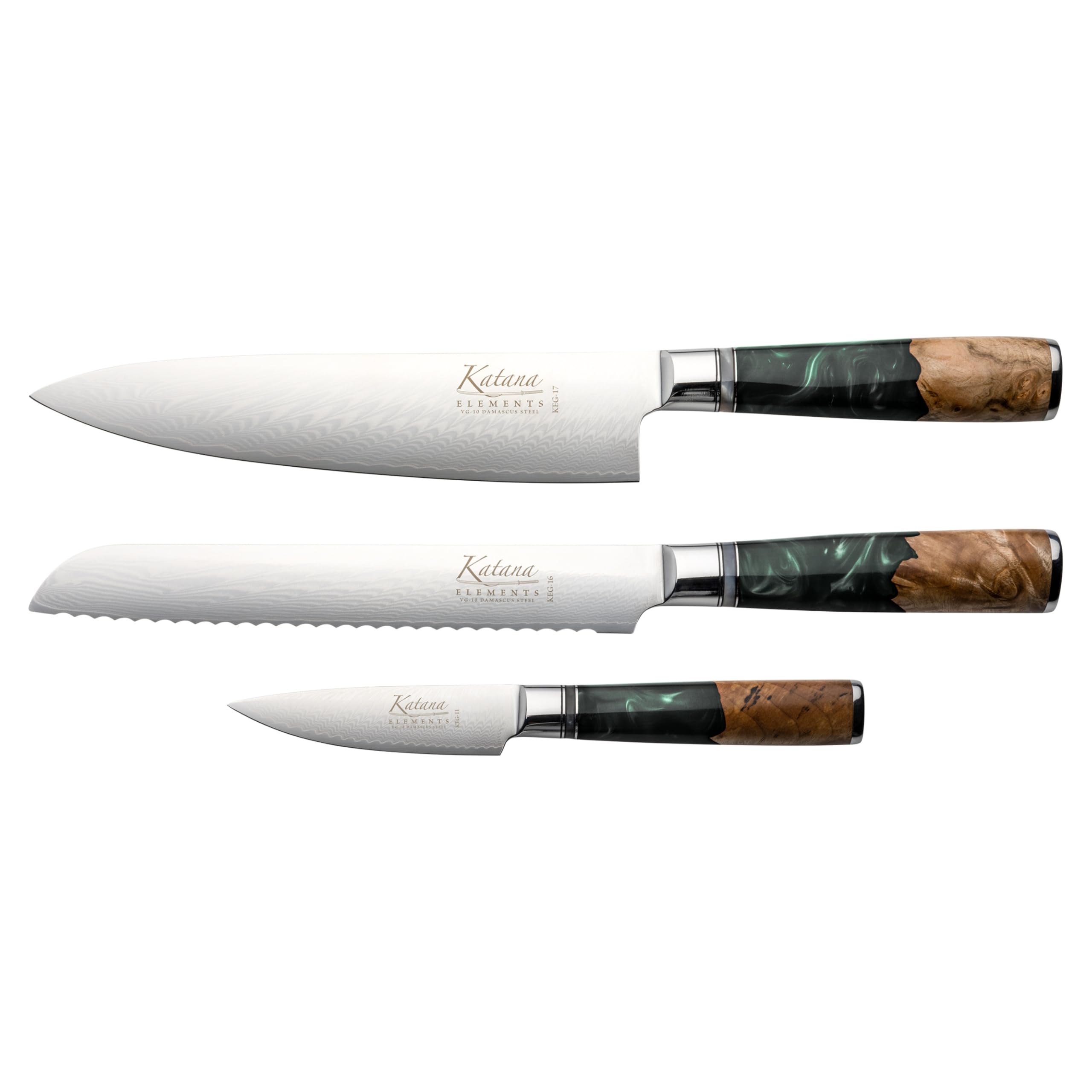 Katana Saya 3pc Japanese VG-10 Damascus Knife Set – Rainforest Green