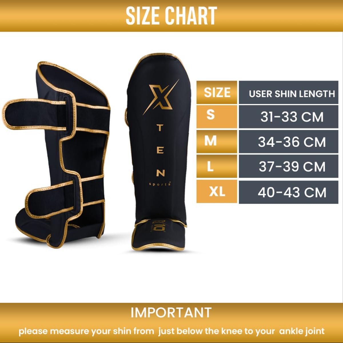 XTEN SPORTS Muay Thai Shin Guards | Gel Padded Leather Gear - Golden, XL