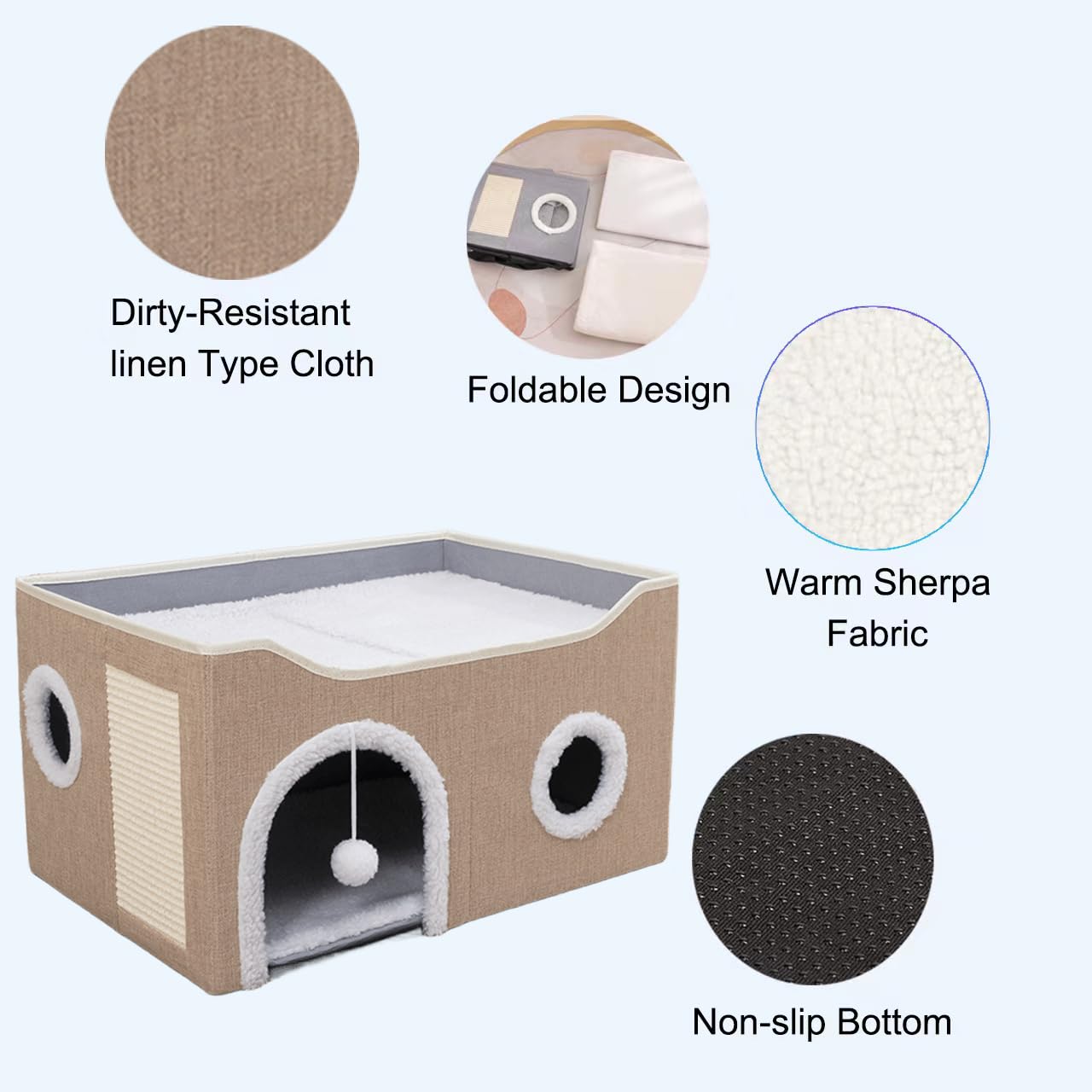 ERNAN Foldable Cat House – Large Indoor Cave Bed with Scratching Board