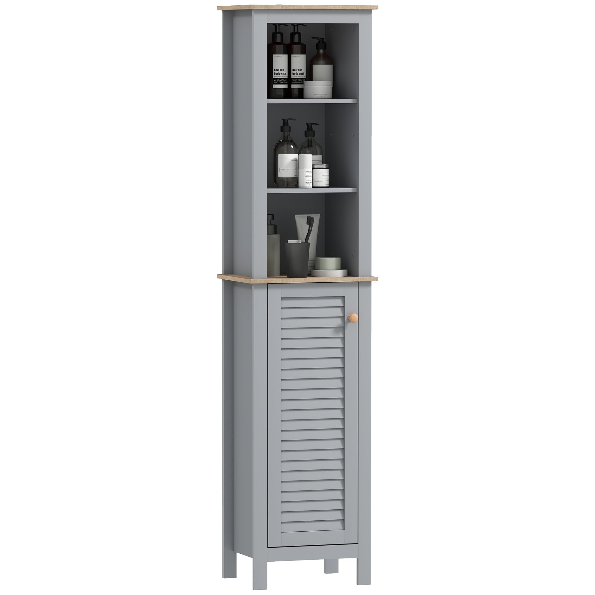 kleankin Tall Slim Bathroom Floor Cabinet – 3-Tier Linen Tower, Grey