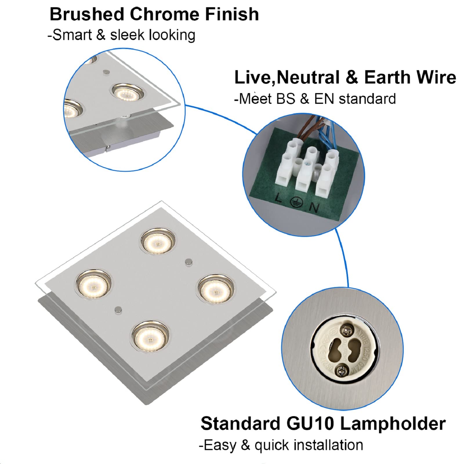 Allesgute 4-Way Flush Ceiling Light | Chrome Square Spotlight 6000K